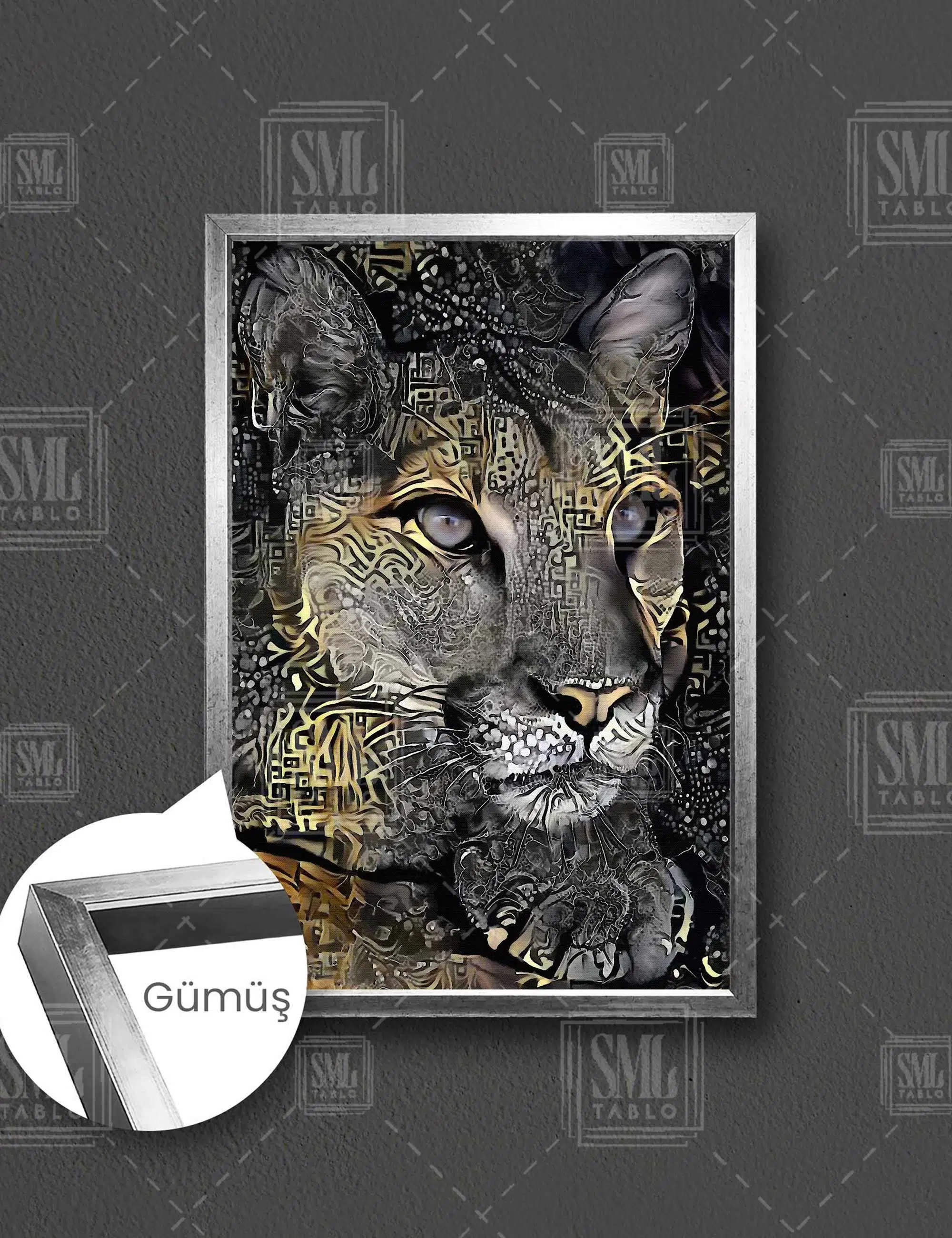 Vahşi Puma Modern Sanat Dekoratif Hayvan Art Dikey Çerçeveli Kanvas Tablo - Gümüş