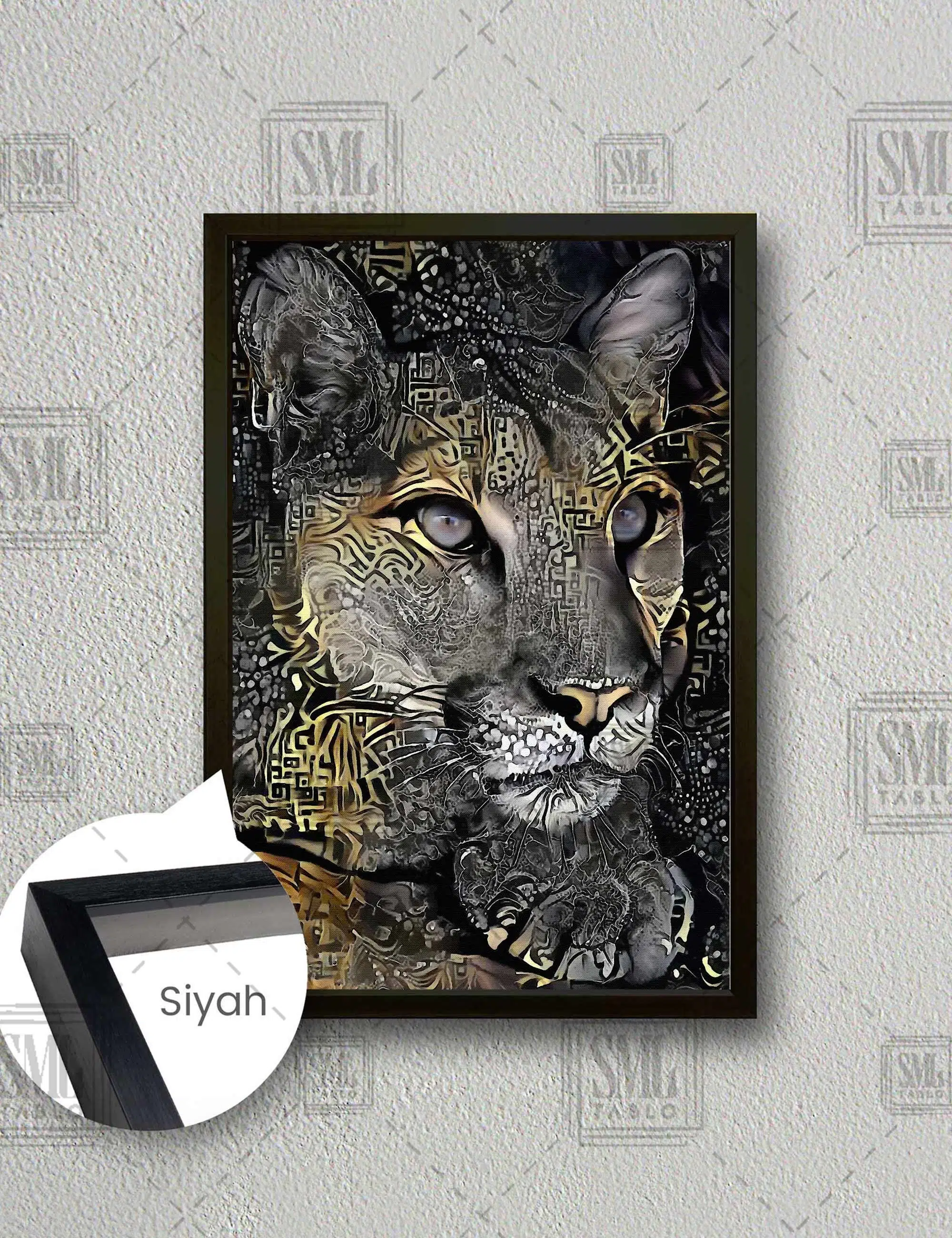 Vahşi Puma Modern Sanat Dekoratif Hayvan Art Dikey Çerçeveli Kanvas Tablo - Siyah