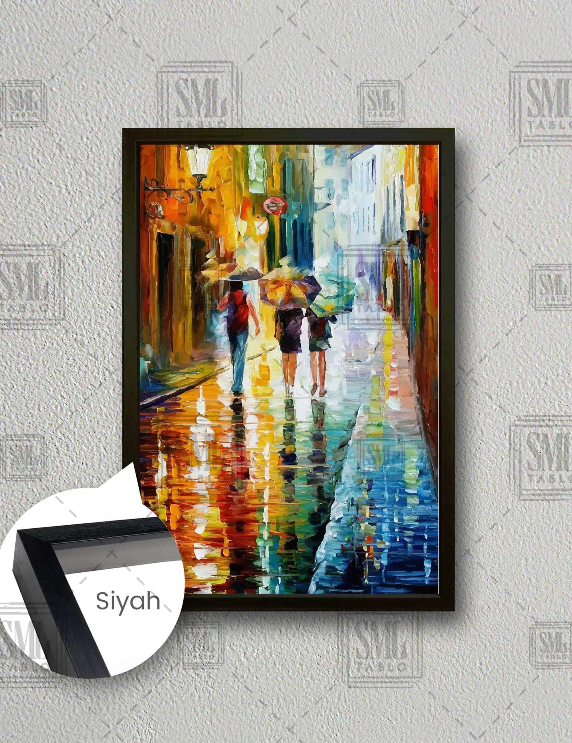 Şemsiyeli İnsanlar Şehir City Sokak Modern Sanat Dikey Çerçeveli Kanvas Tablo - Siyah