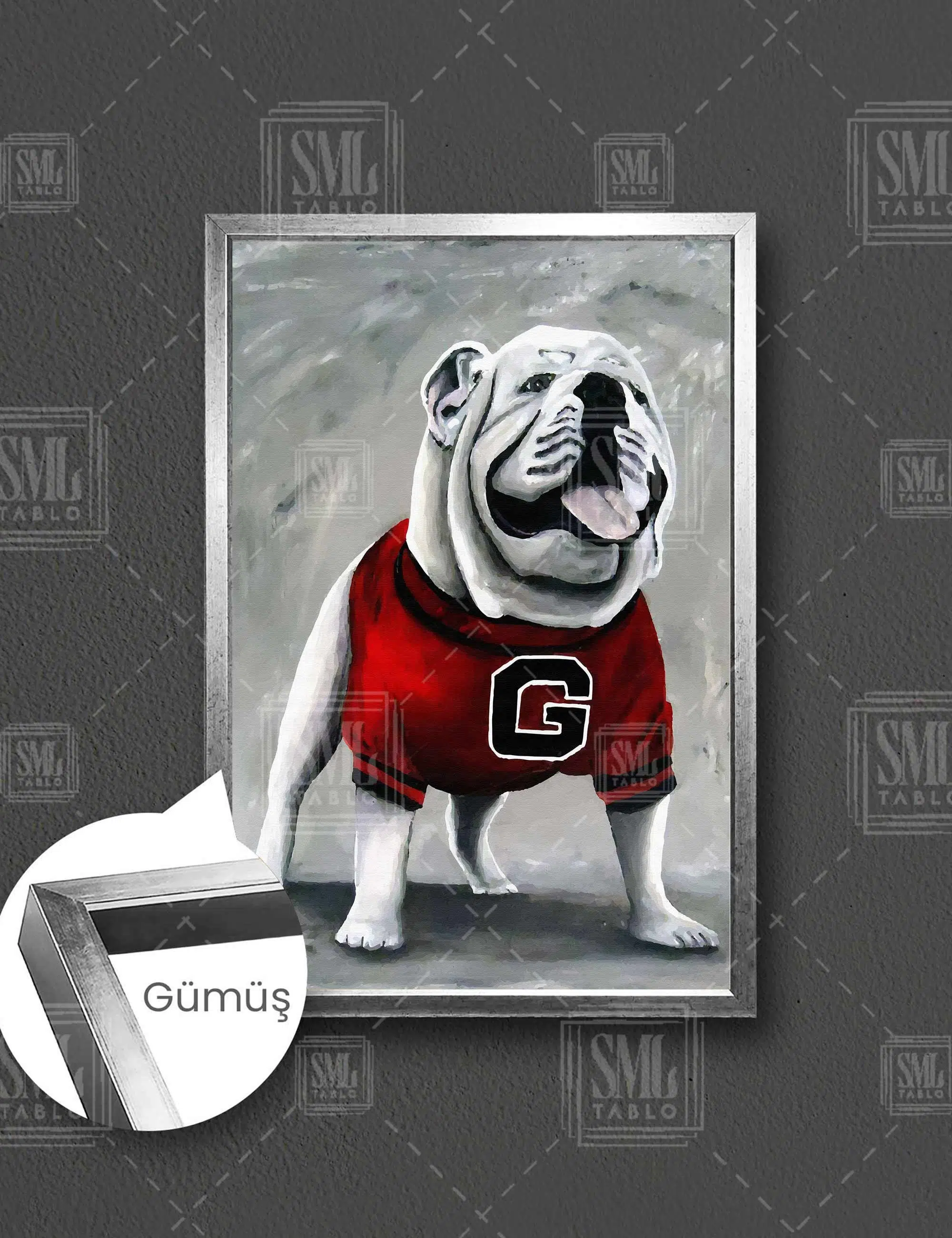 Bulldog Hayvan Köpek Taraftar Soyut Dikey Çerçeveli Kanvas Tablo - Gümüş