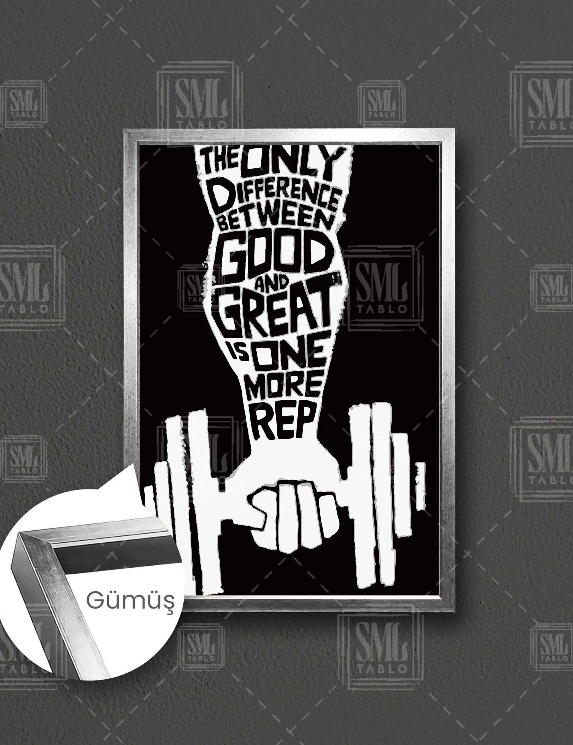 Badi Spor Salonu Vücud Geliştirme Güç The Only Dıfference Between Good And Great Is One More Rep Dekoratif Dikey Çerçeveli Kanvas Tablo - Gümüş