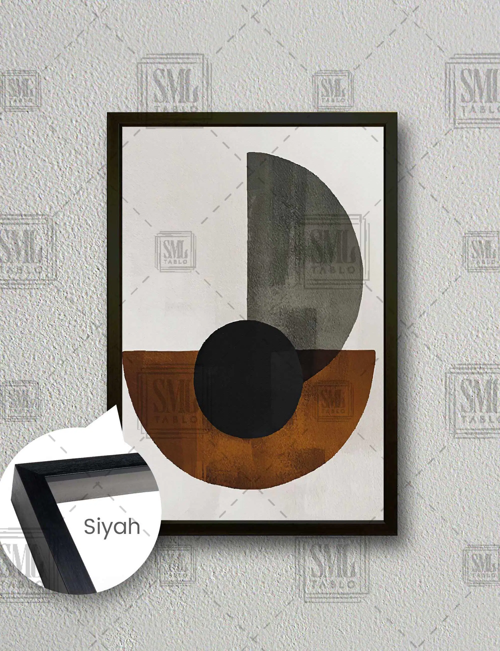 Geometrik Kahve Bakır Yuvarlak Daire Kesit Modern Dekoratif Dikey Çerçeveli Kanvas Tablo - Siyah