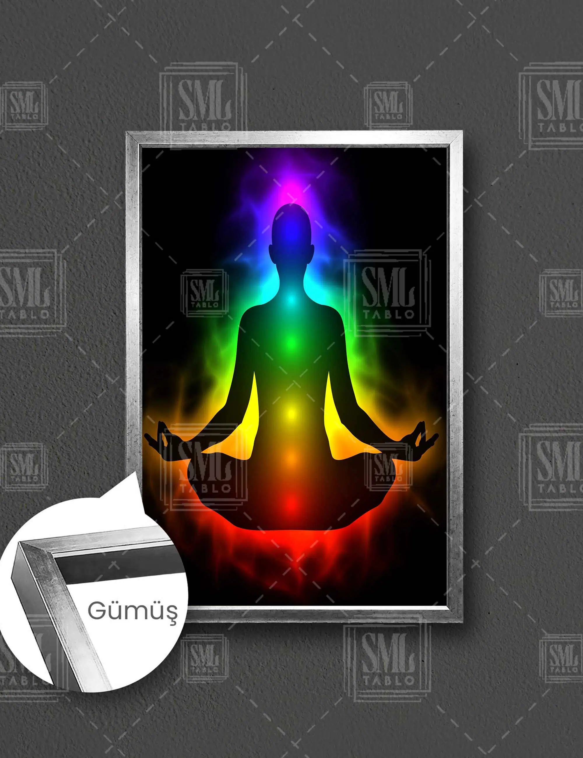 Meditasyon Çakra Noktaları Huzur Yoga Enerji Dikey Çerçeveli Kanvas Tablo - Gümüş