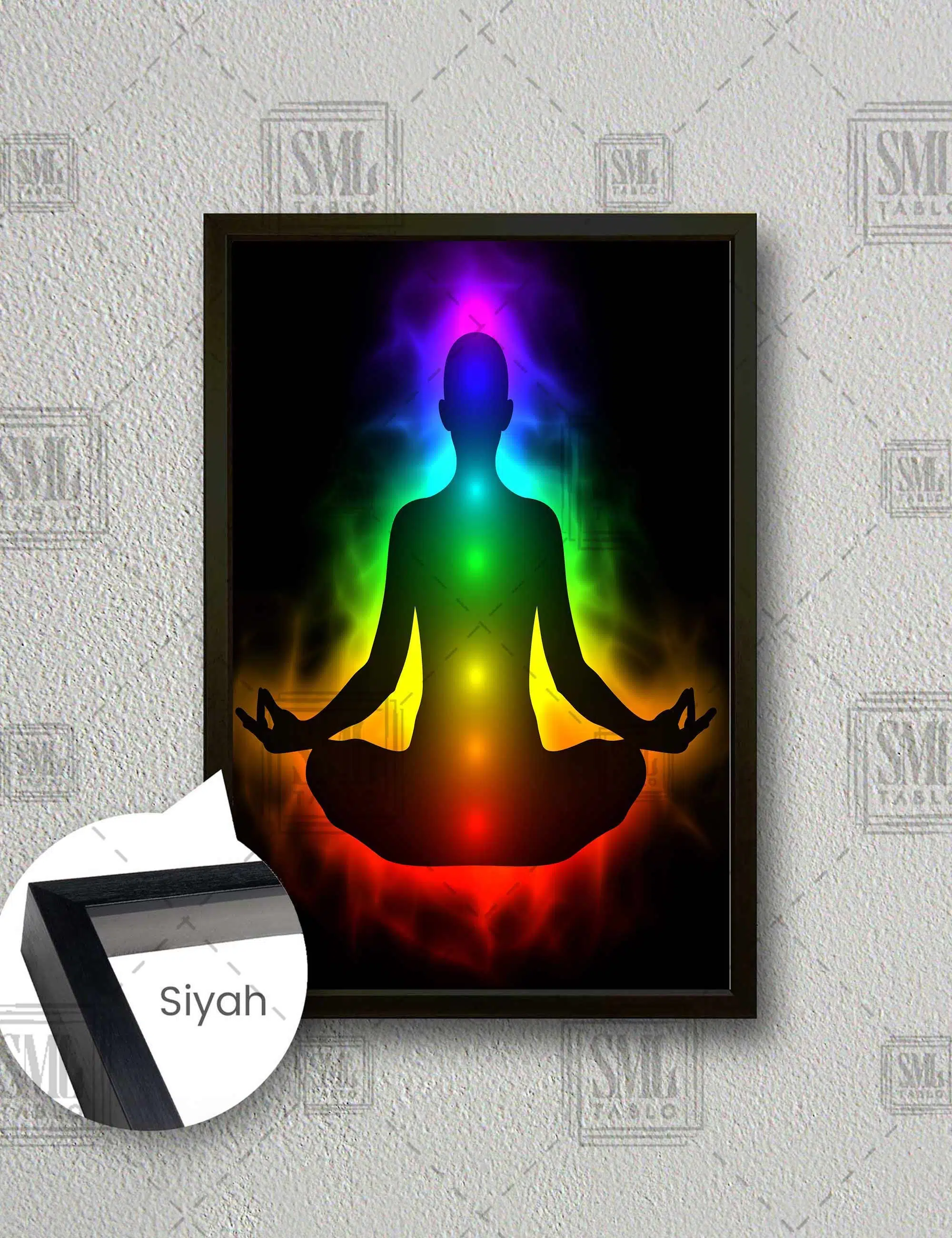 Meditasyon Çakra Noktaları Huzur Yoga Enerji Dikey Çerçeveli Kanvas Tablo - Siyah