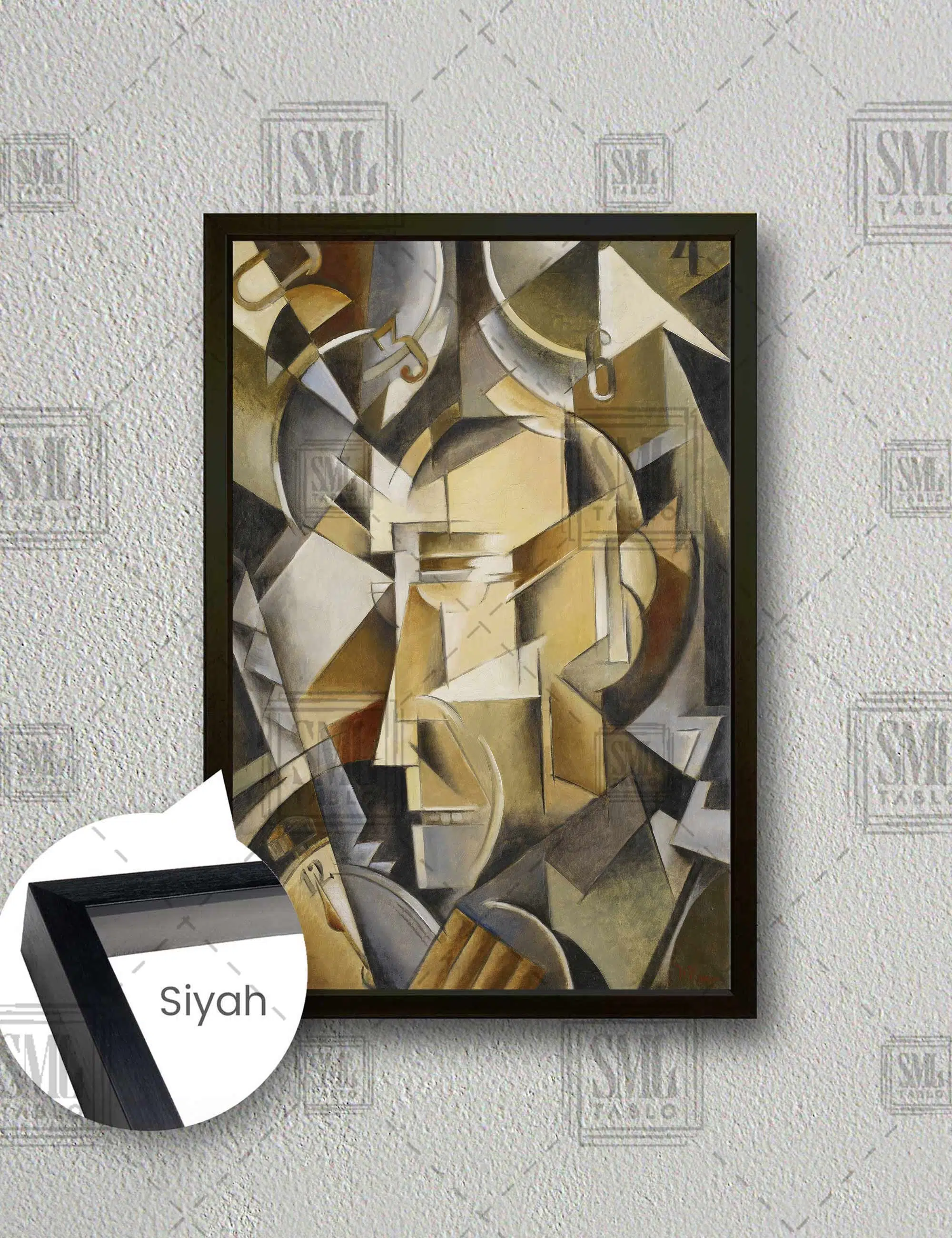 Ressam İvan Kliun Kübizm Saat İnsan Zaman Dikey Çerçeveli Kanvas Tablo - Siyah
