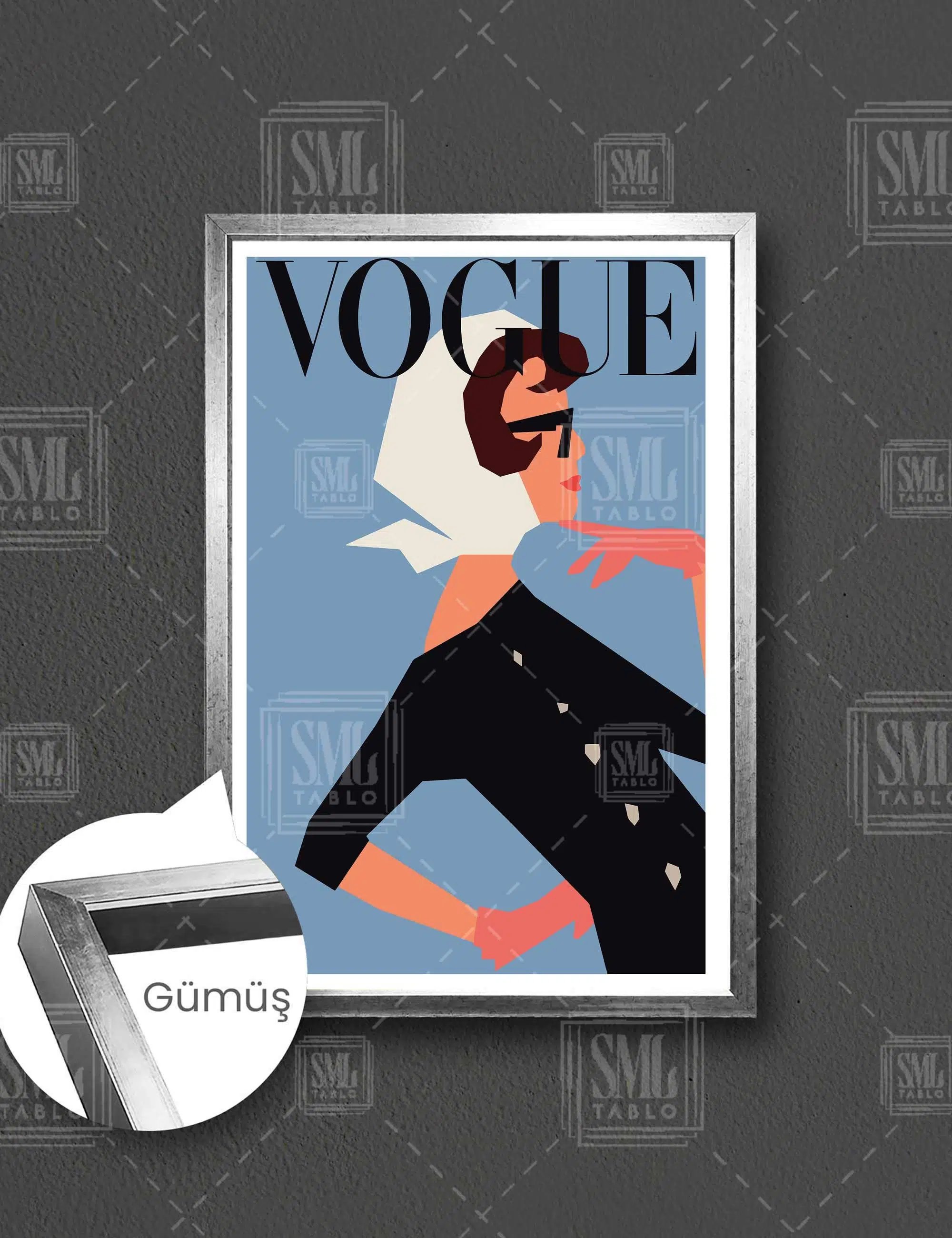 Vogue Gözlüklü Vintage Kadın Dergi Kapağı Boho Dikey Çerçeveli Kanvas Tablo - Gümüş