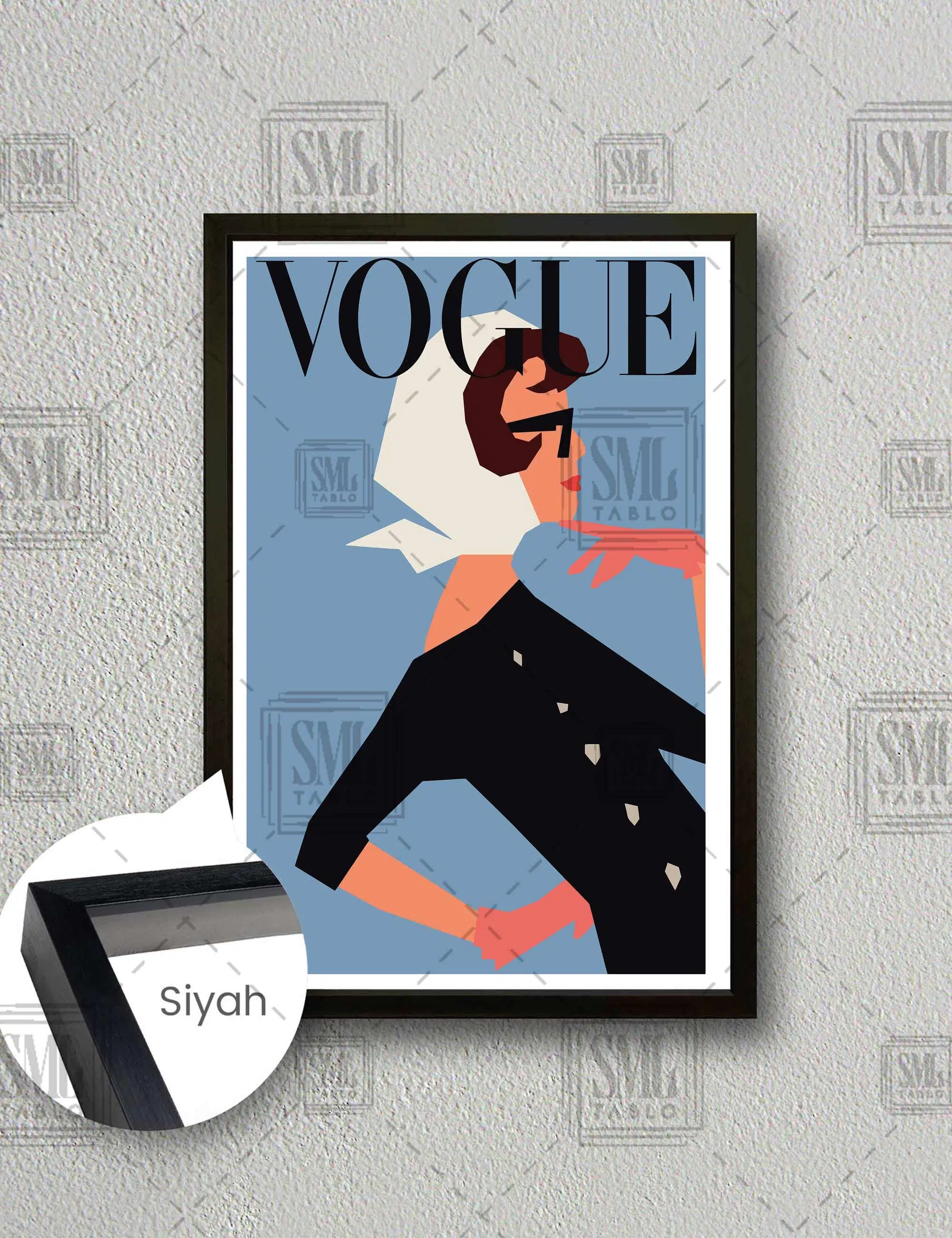 Vogue Gözlüklü Vintage Kadın Dergi Kapağı Boho Dikey Çerçeveli Kanvas Tablo - Siyah