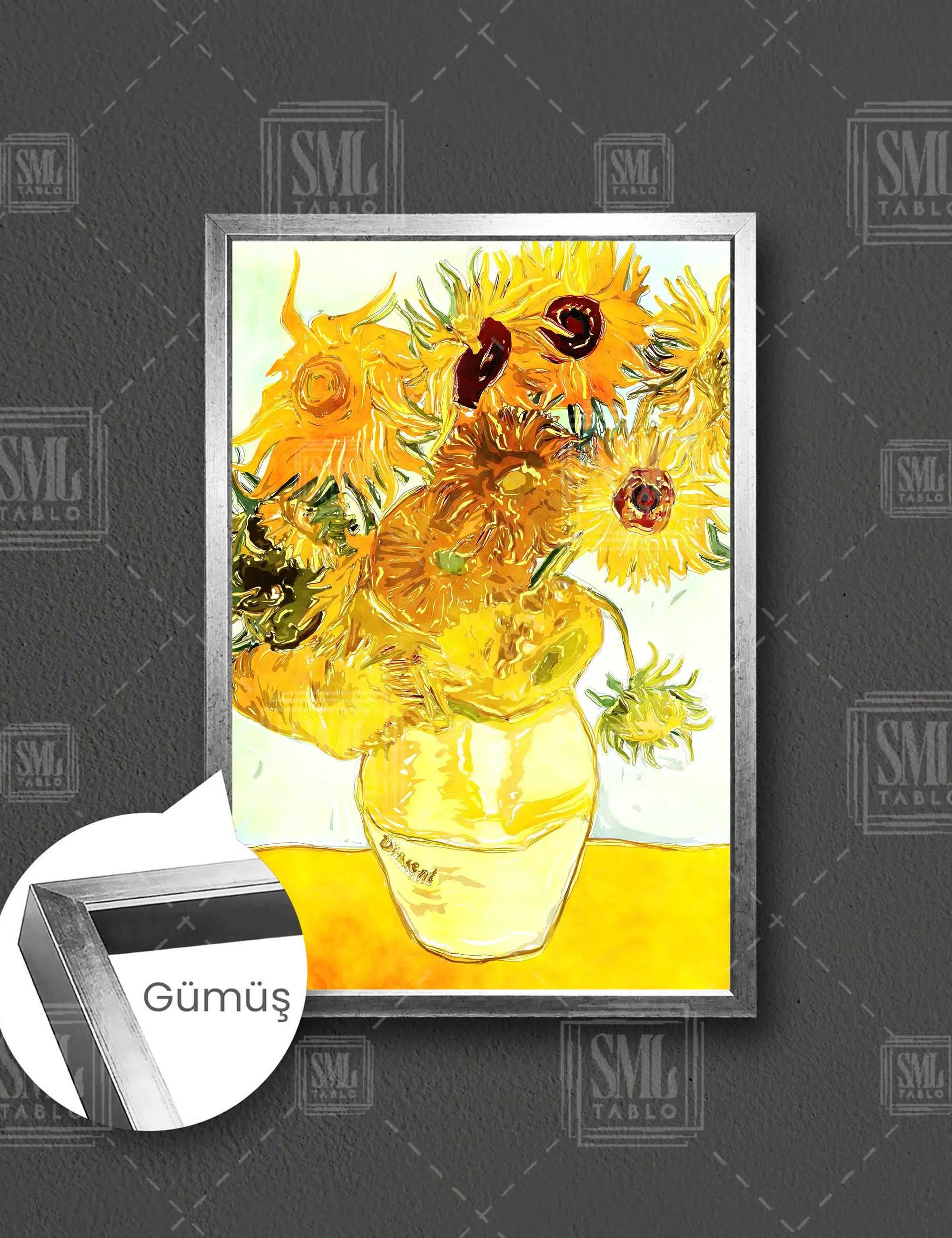 Vincent Van Gogh Vazo İçindeki Ayçiçekler Sarı Dikey Çerçeveli Kanvas Tablo - Gümüş