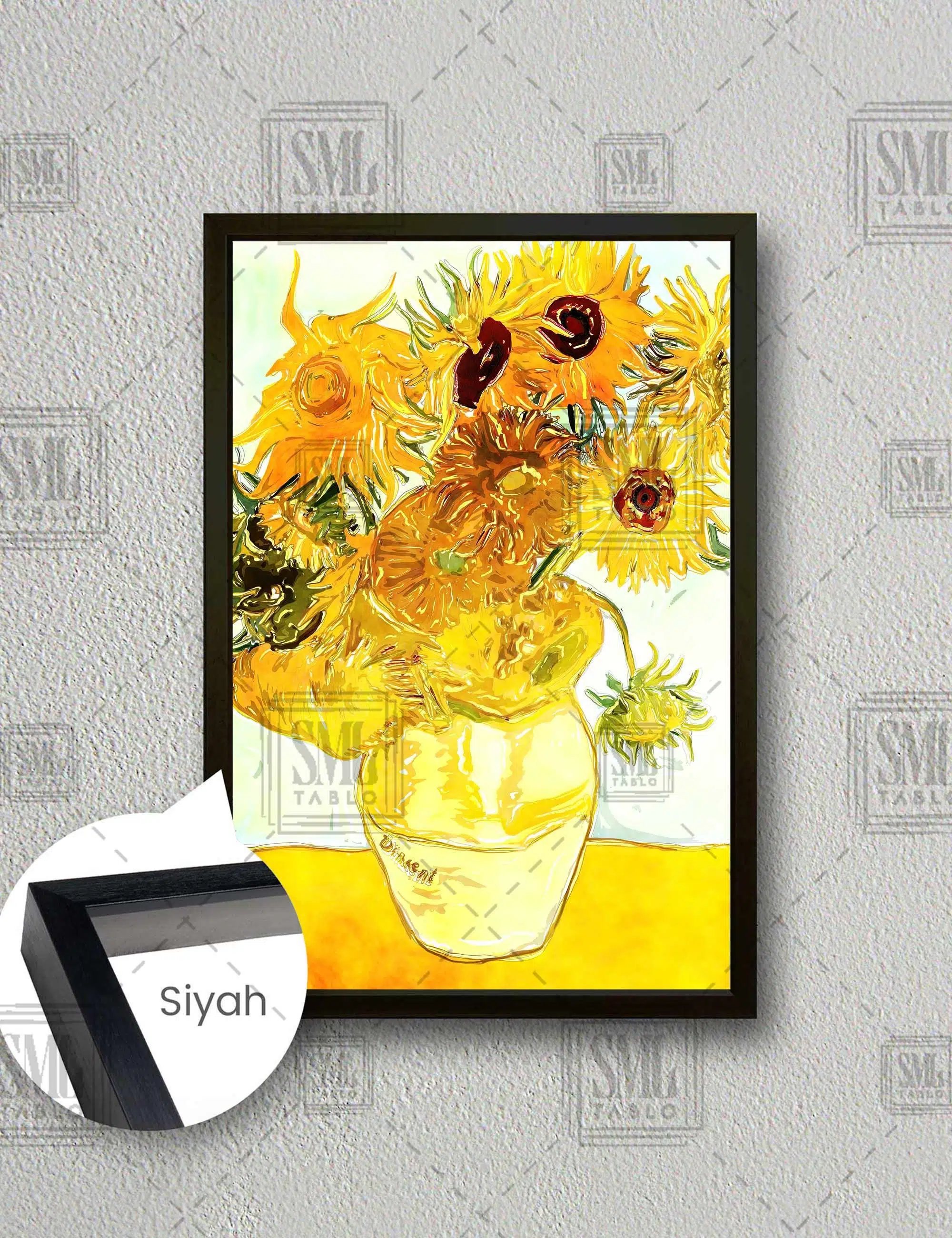 Vincent Van Gogh Vazo İçindeki Ayçiçekler Sarı Dikey Çerçeveli Kanvas Tablo - Siyah