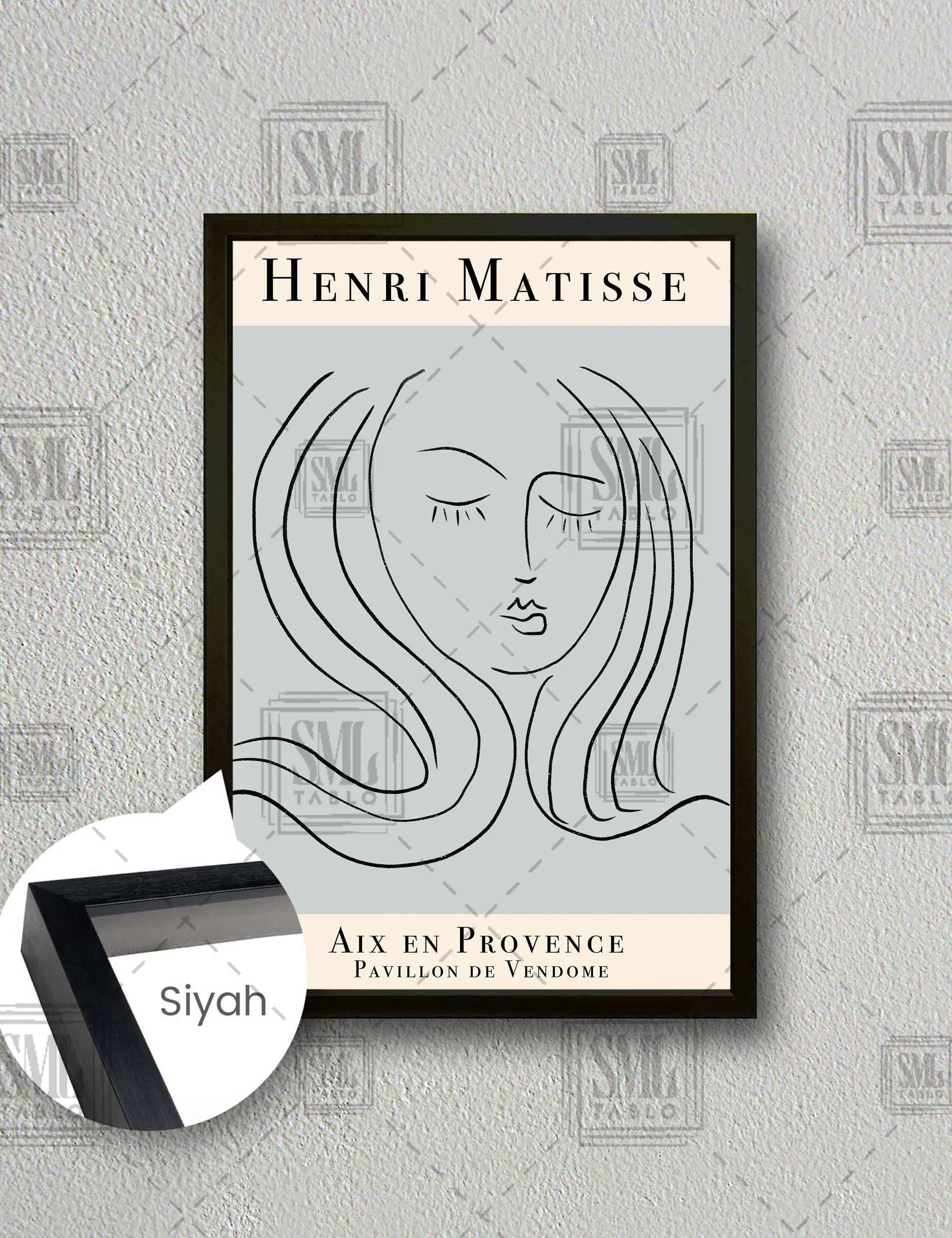 Henrı Matısse Gözleri Kapalı Çizgisel Kadın Portresi Minimal Boho Kanvas Dikey Çerçeveli Kanvas Tablo - Siyah