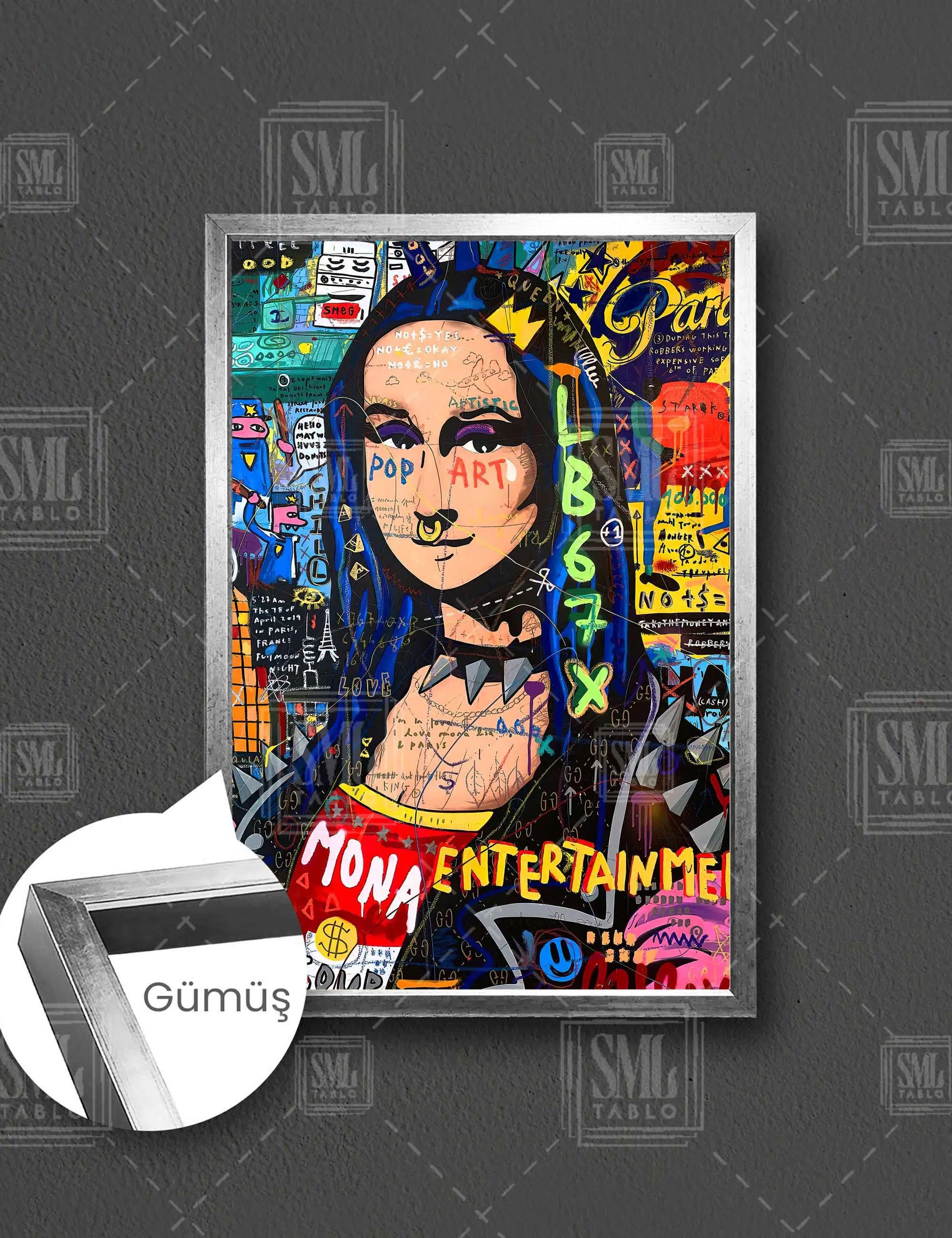 Leonardo Da Vinci Mona Lisa Grafitti Modern Dikey Çerçeveli Kanvas Tablo - Gümüş