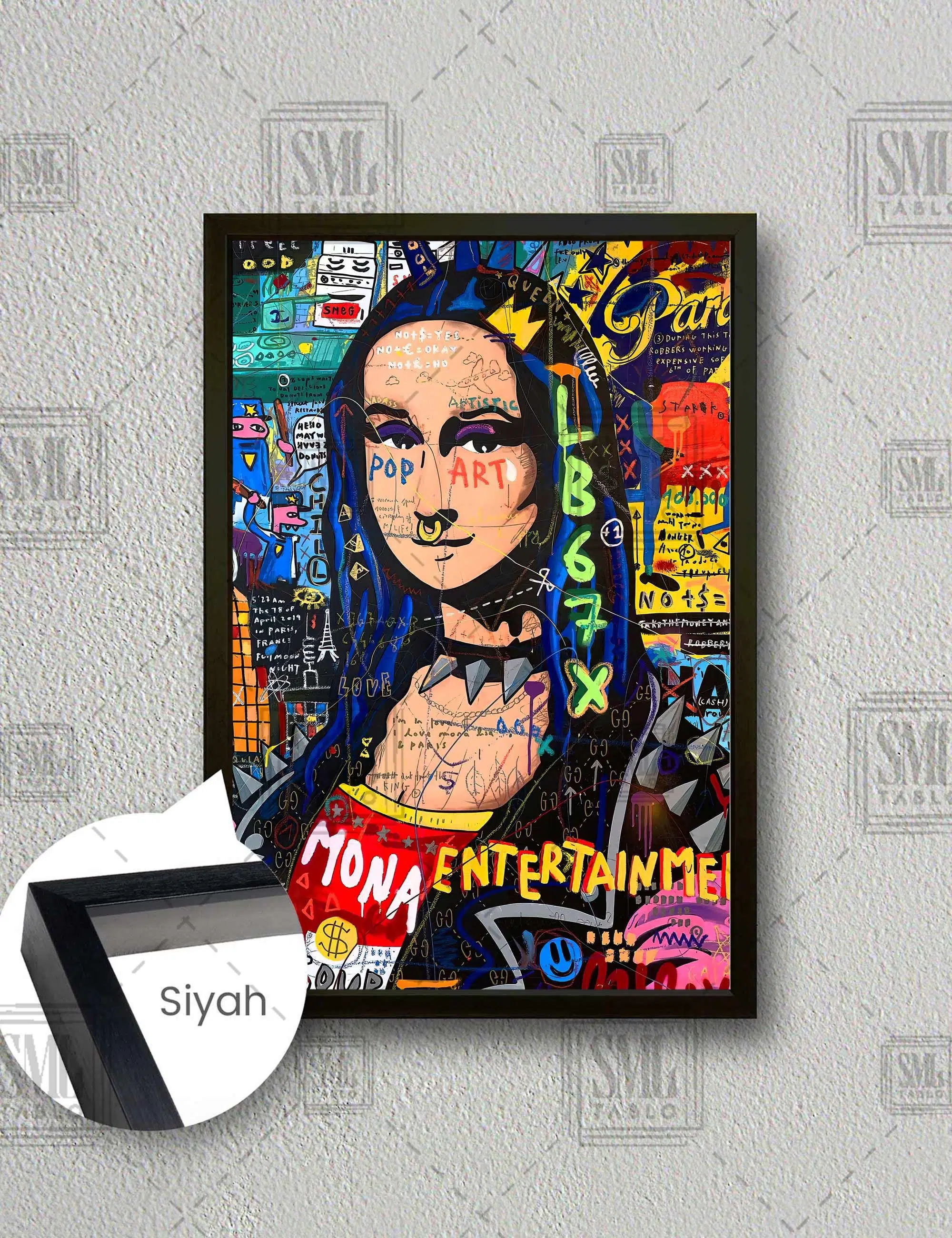 Leonardo Da Vinci Mona Lisa Grafitti Modern Dikey Çerçeveli Kanvas Tablo - Siyah