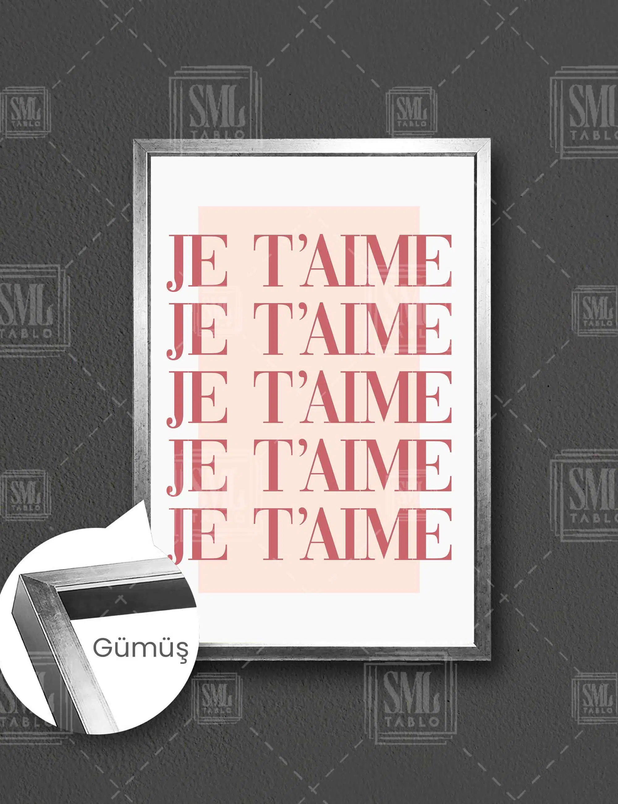Je Taime Pembe Sıralı Tipografik Dikey Çerçeveli Kanvas Tablo - Gümüş
