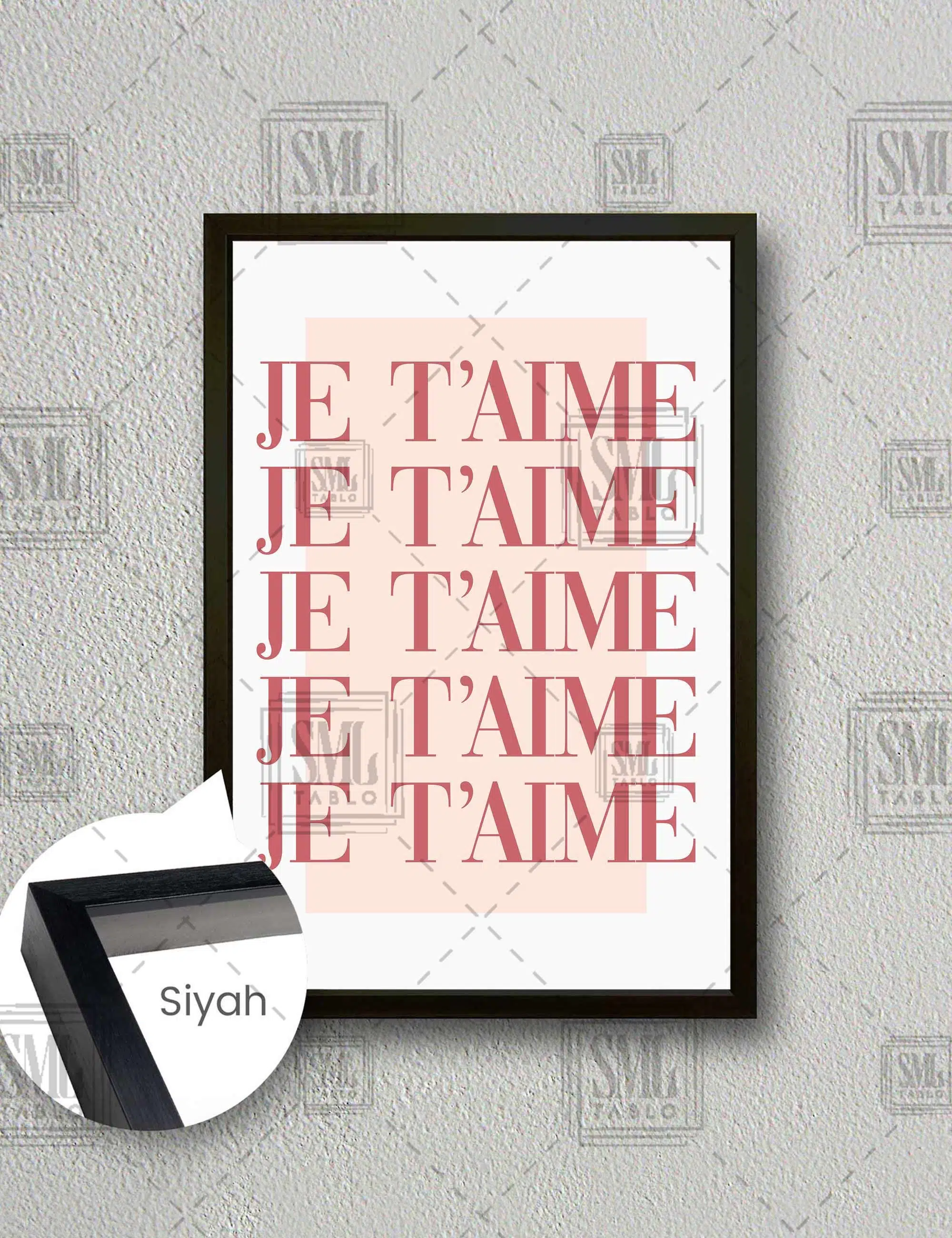 Je Taime Pembe Sıralı Tipografik Dikey Çerçeveli Kanvas Tablo - Siyah