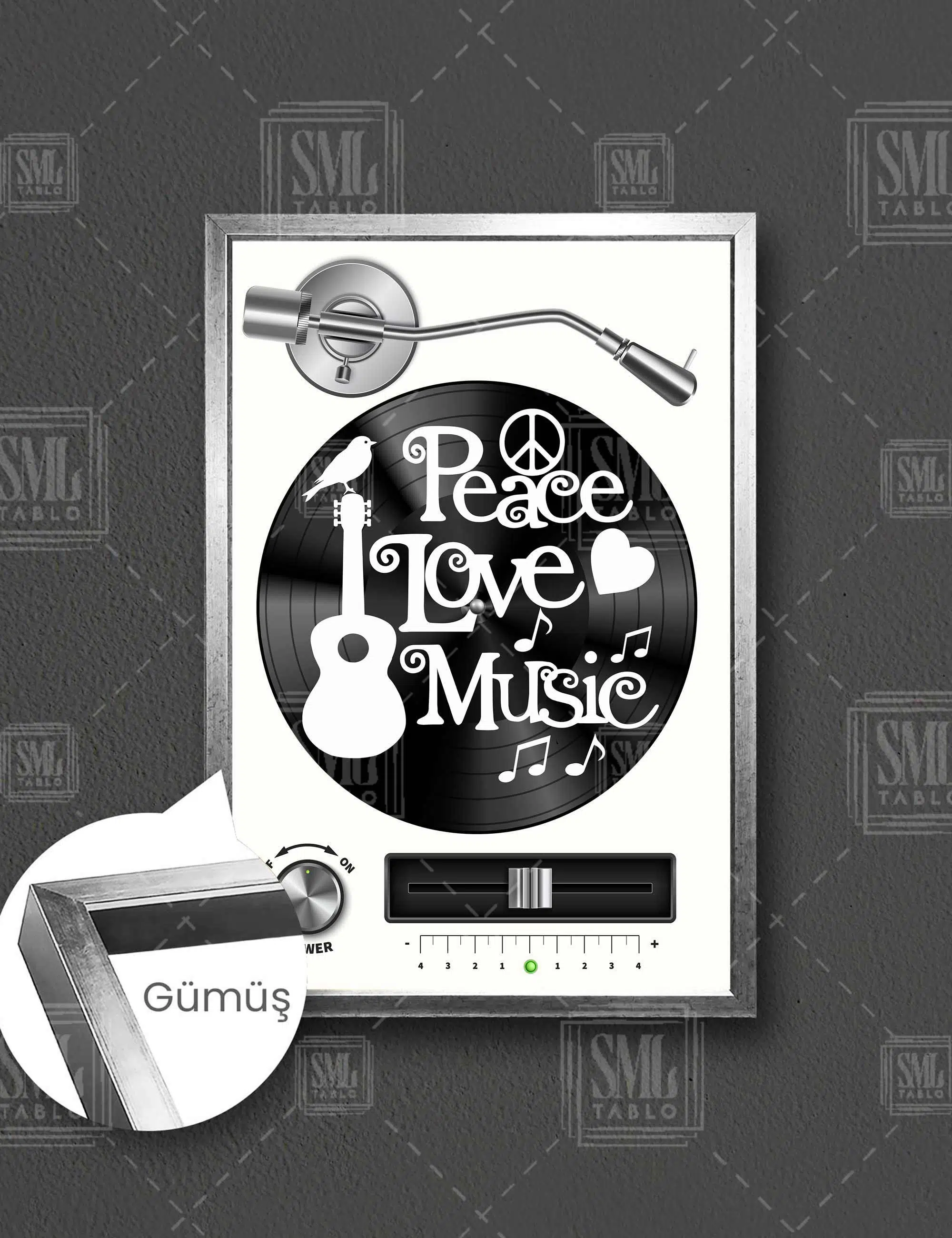Peace Love Music Müzik Tutkusu Plak Dikey Çerçeveli Kanvas Tablo - Gümüş