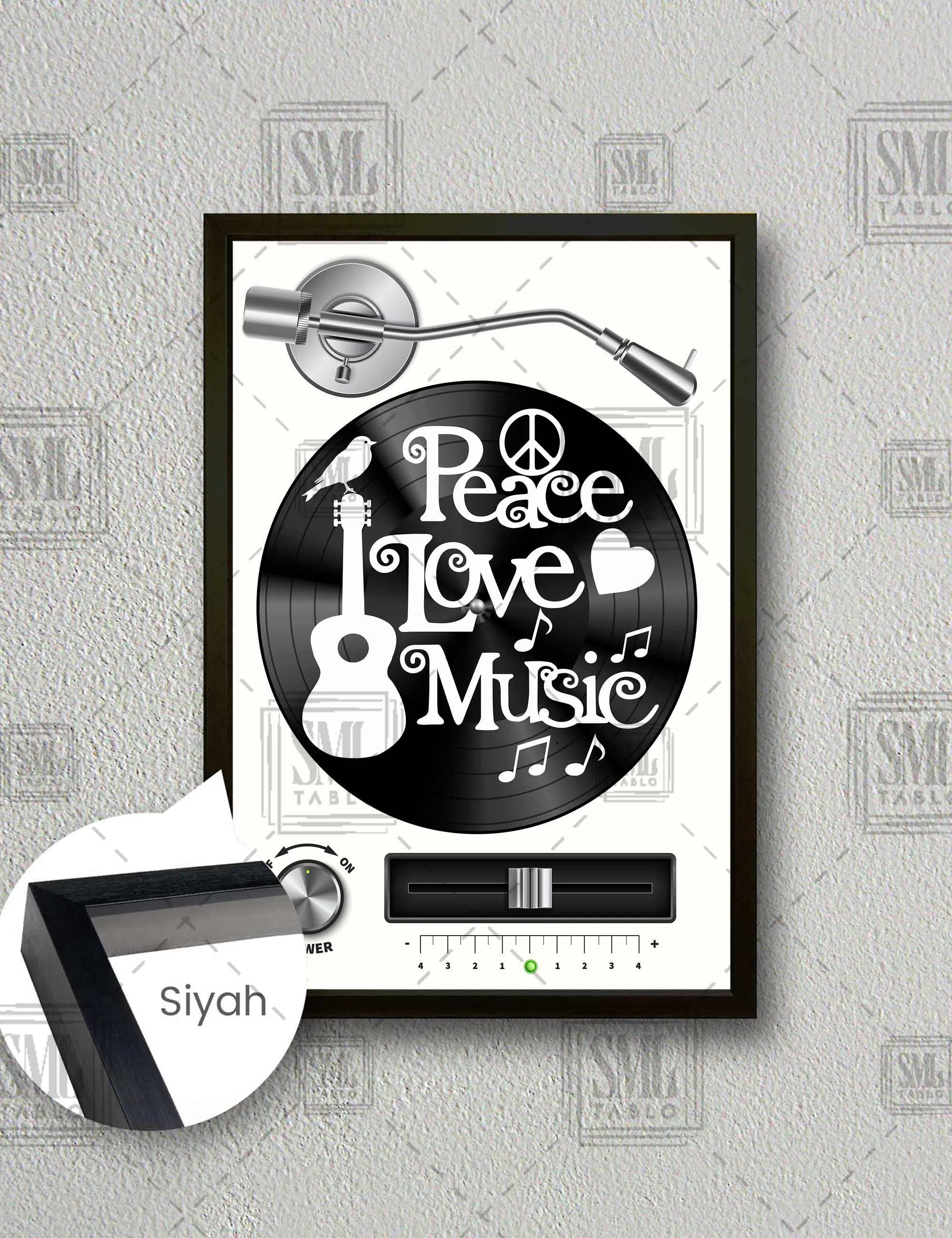 Peace Love Music Müzik Tutkusu Plak Dikey Çerçeveli Kanvas Tablo - Siyah