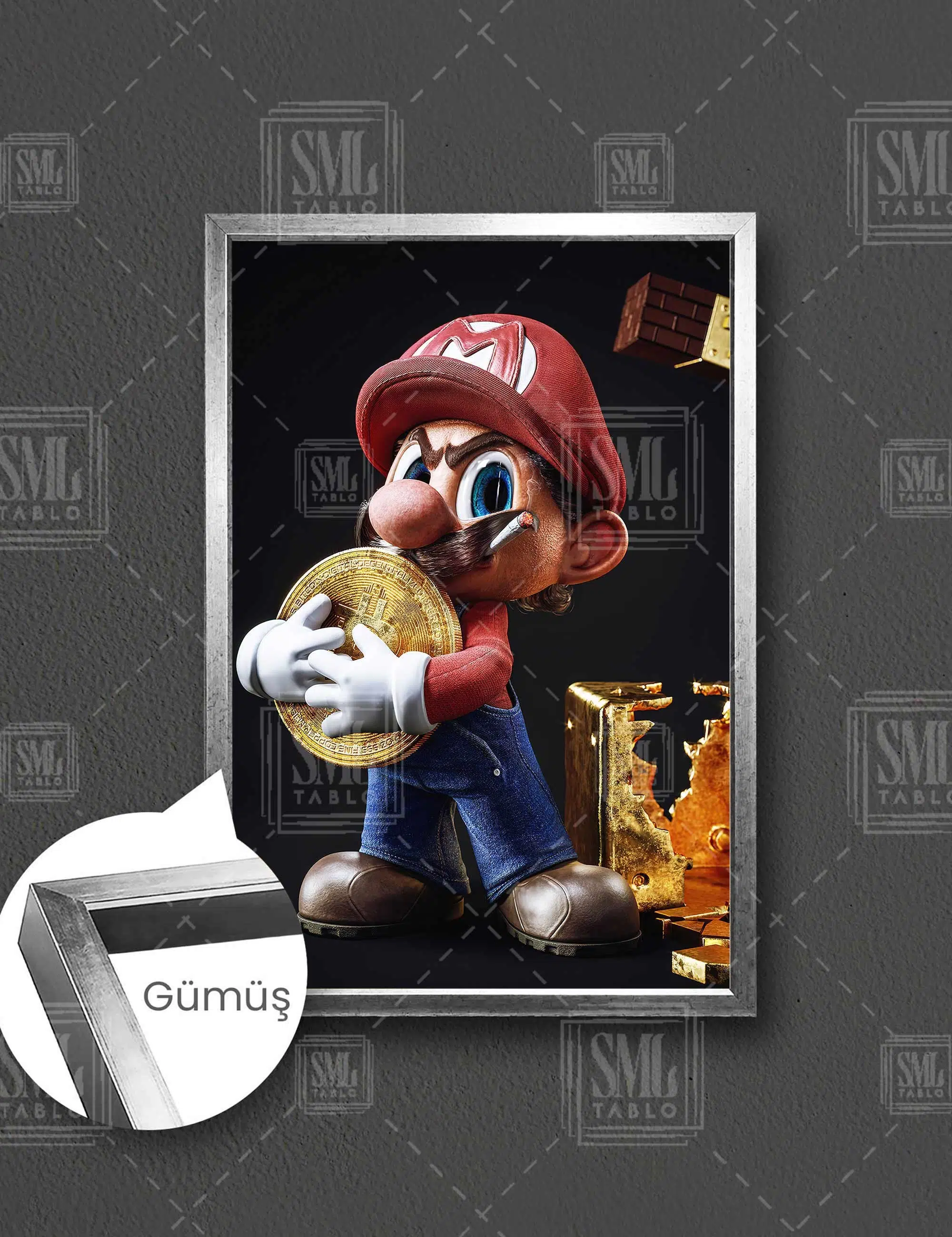 Süper Mario Ve Hazinesi Dikey Çerçeveli Kanvas Tablo - Gümüş