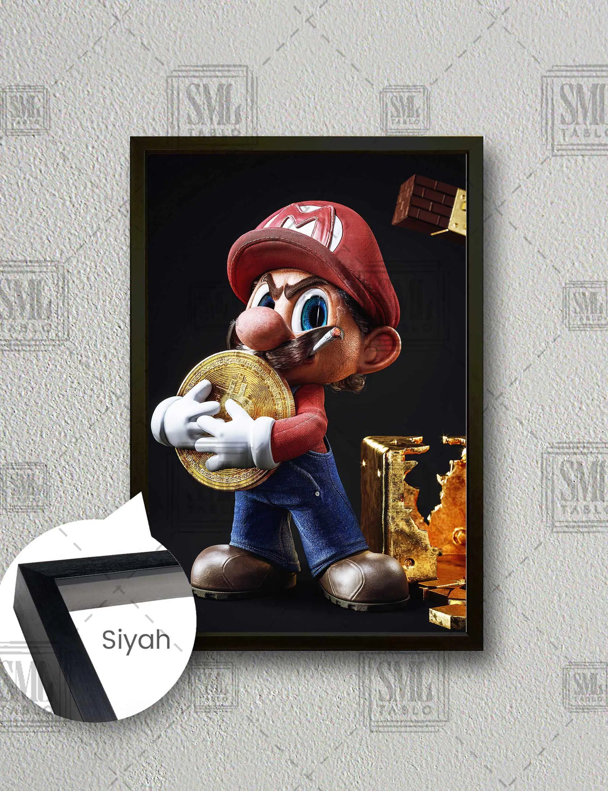 Süper Mario Ve Hazinesi Dikey Çerçeveli Kanvas Tablo - Siyah