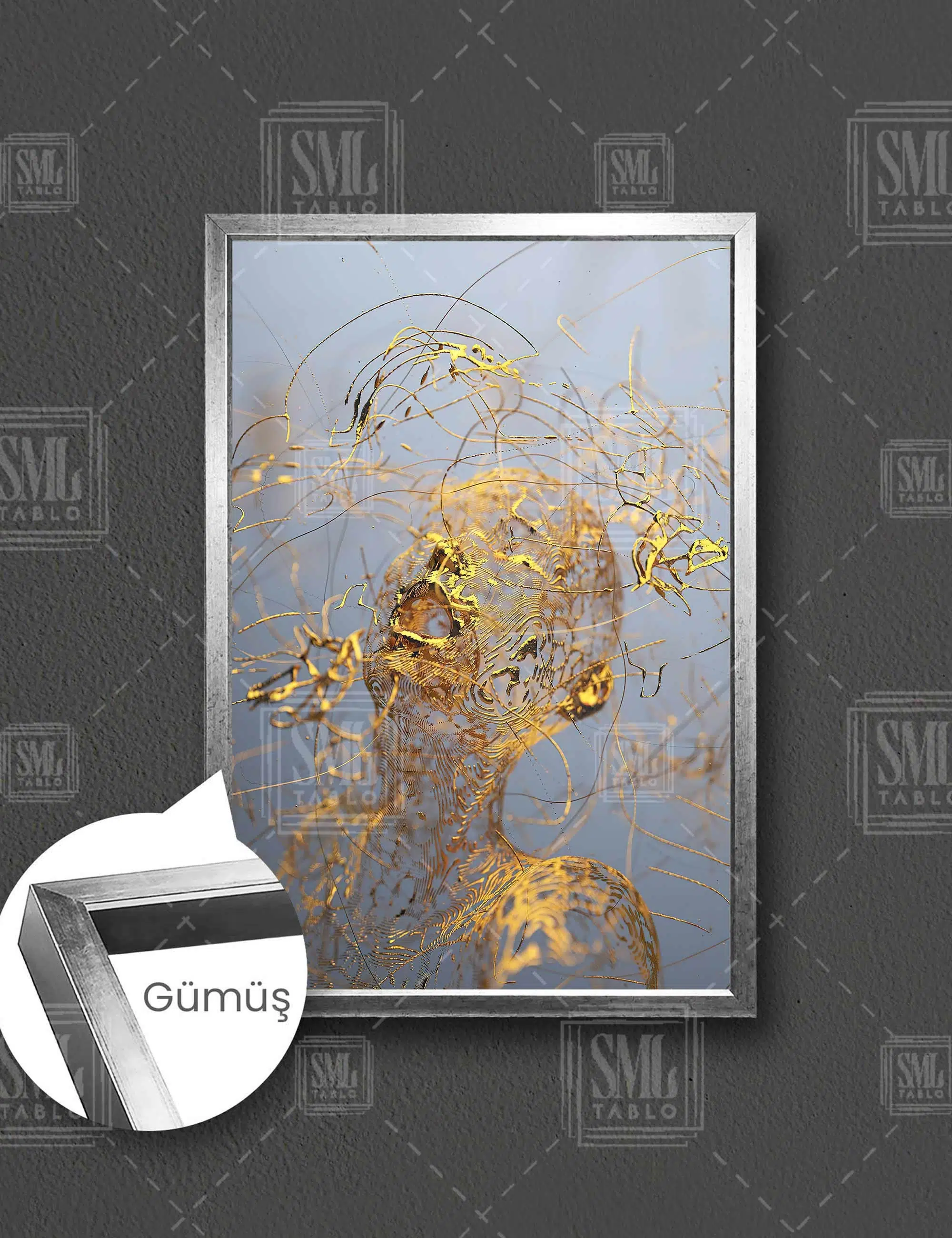 Altın Çizgisel Kadın Soyut Modern Sanat Dikey Çerçeveli Kanvas Tablo - Gümüş