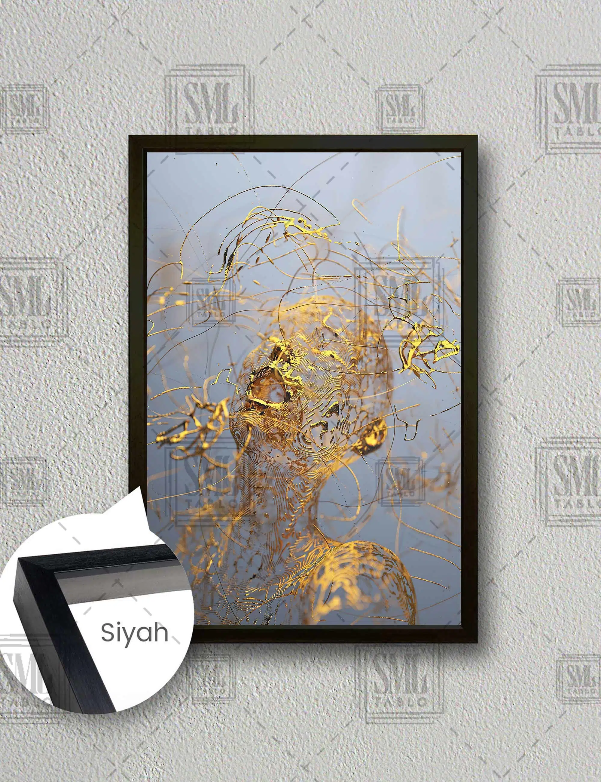 Altın Çizgisel Kadın Soyut Modern Sanat Dikey Çerçeveli Kanvas Tablo - Siyah