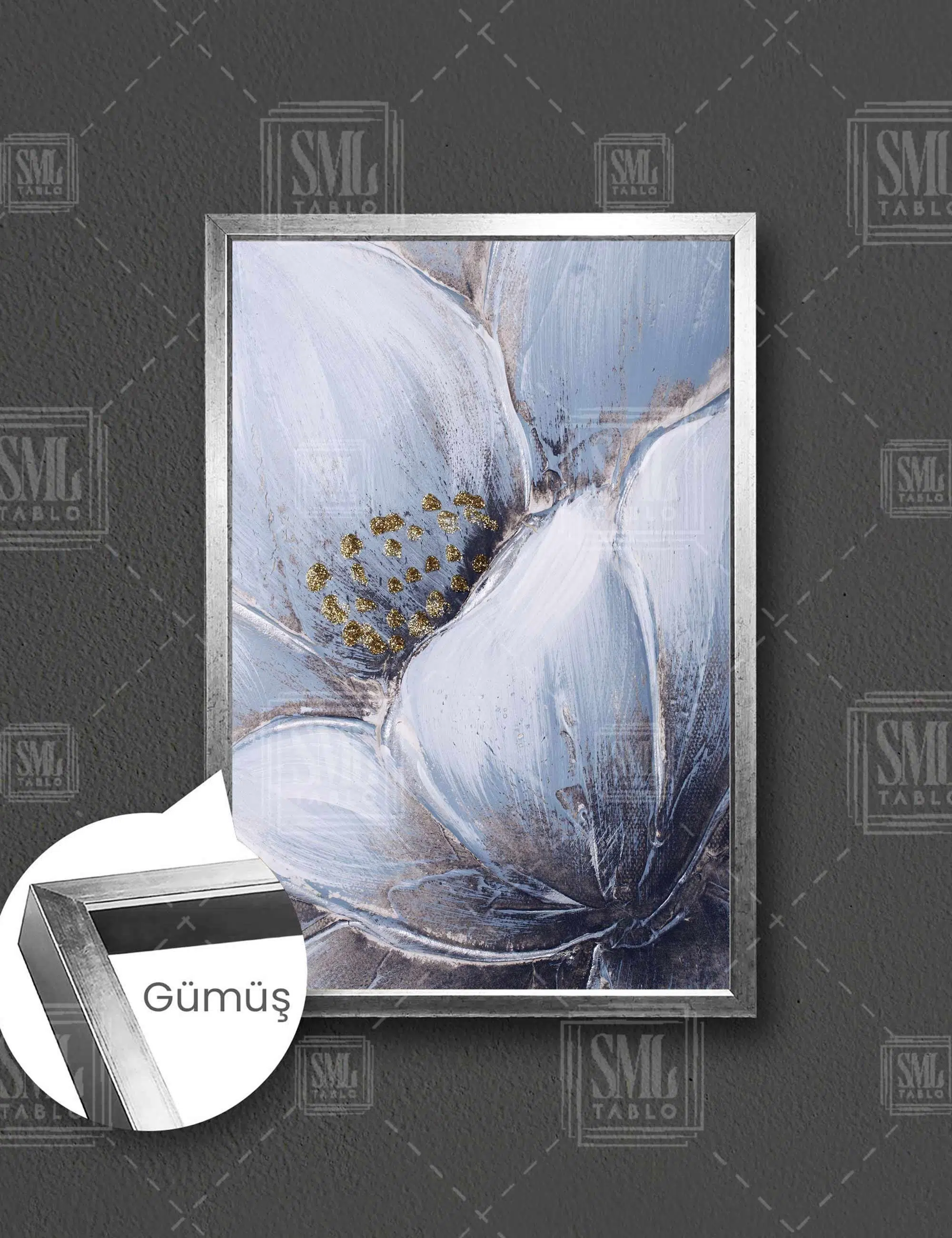 Altın Tomurcuklu Beyaz Çiçek Dikey Çerçeveli Kanvas Tablo - Gümüş