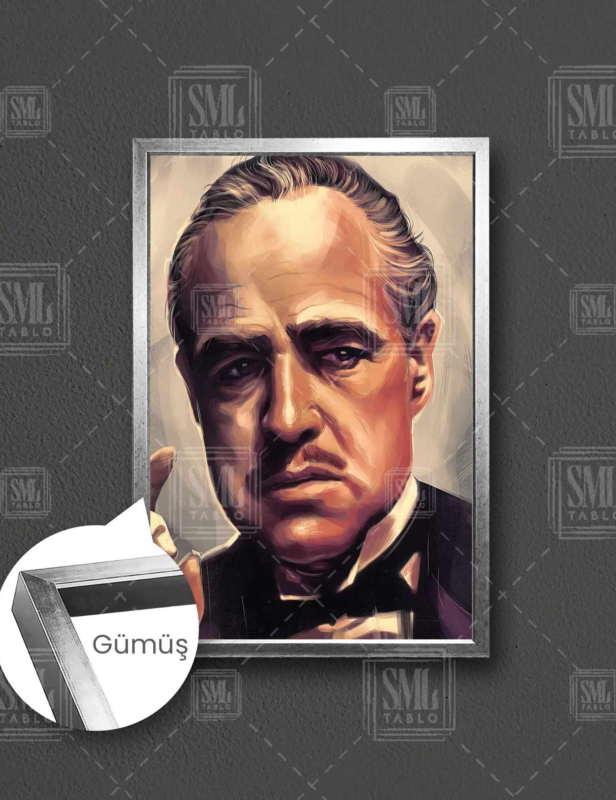 The Godfather Baba Filmi Marlon Brando Mafya Dikey Çerçeveli Kanvas Tablo - Gümüş