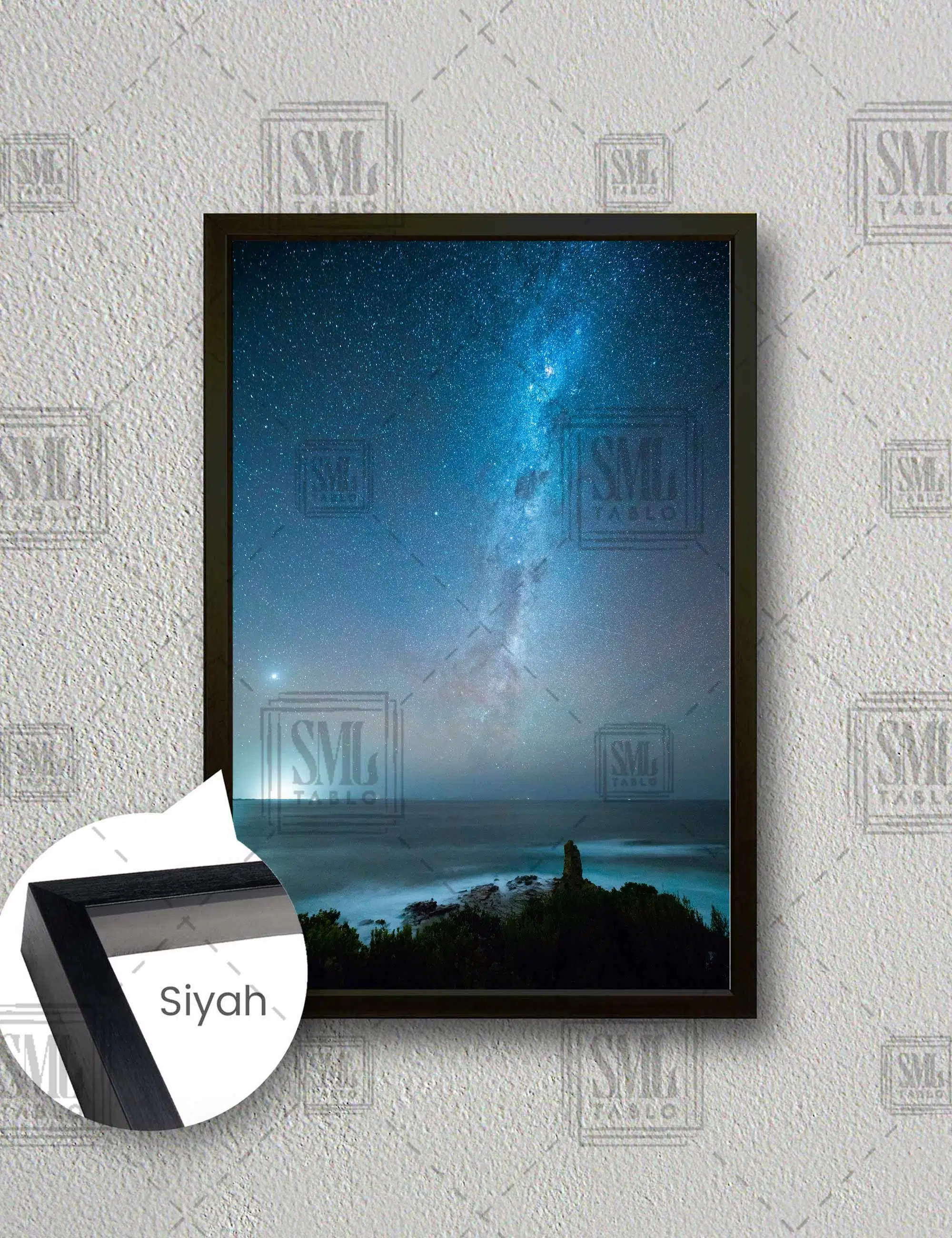 Yıldızlı Gece Deniz Sahil Manzarası Samanyolu Dikey Çerçeveli Kanvas Tablo - Siyah