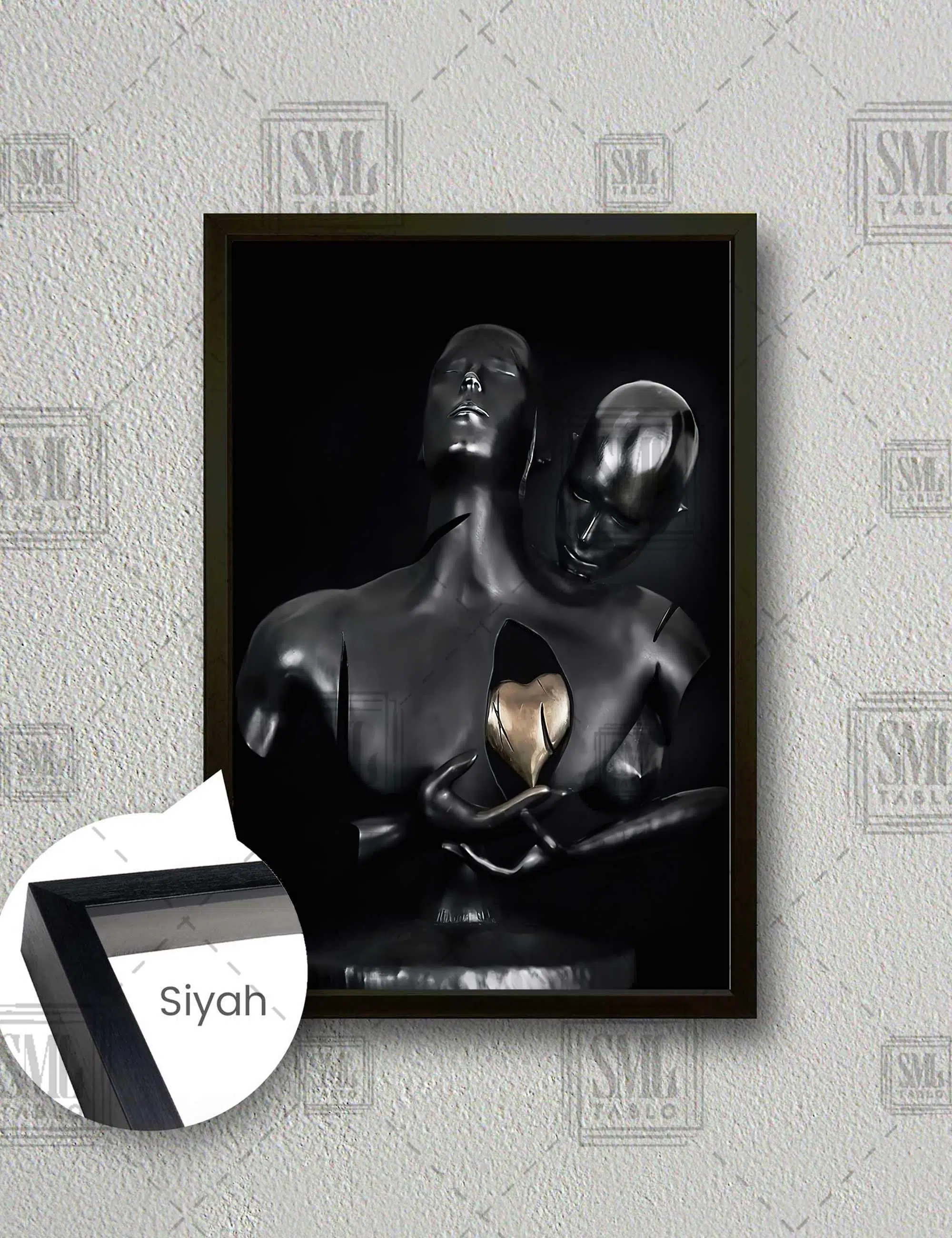 Siyah Metal Altın Kalpli Birbirine Sarılmış Aşıklar Dikey Çerçeveli Kanvas Tablo - Siyah