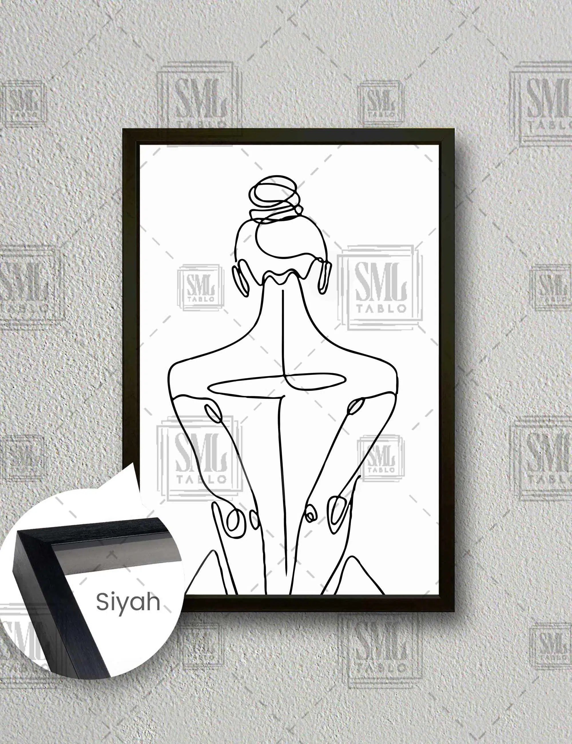 Sırtı Dönük Çizgisel Kadın Dikey Çerçeveli Kanvas Tablo - Siyah