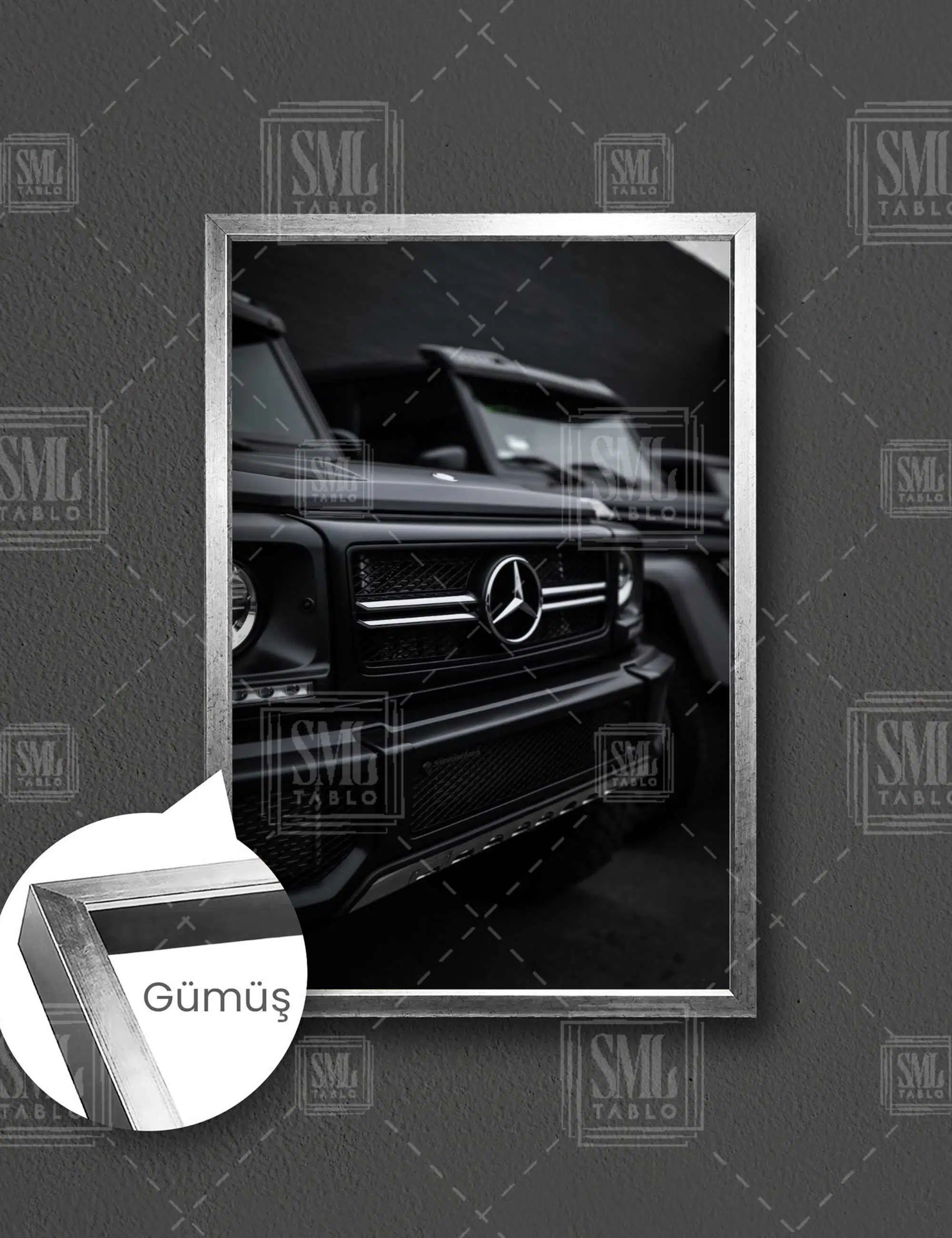 Mercedens Benz G Serisi Siyah Araba Dikey Çerçeveli Kanvas Tablo - Gümüş