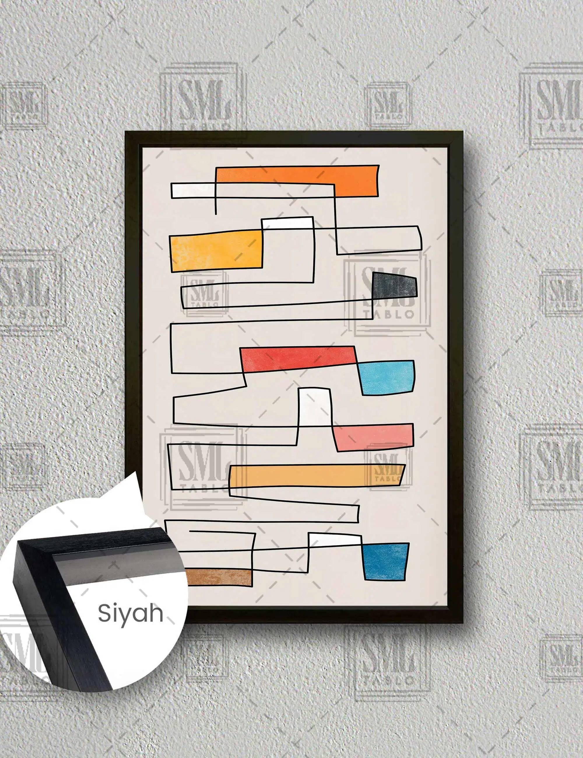 Çizgi Line Art Ve Renkli Bloklar Dikey Çerçeveli Kanvas Tablo - Siyah