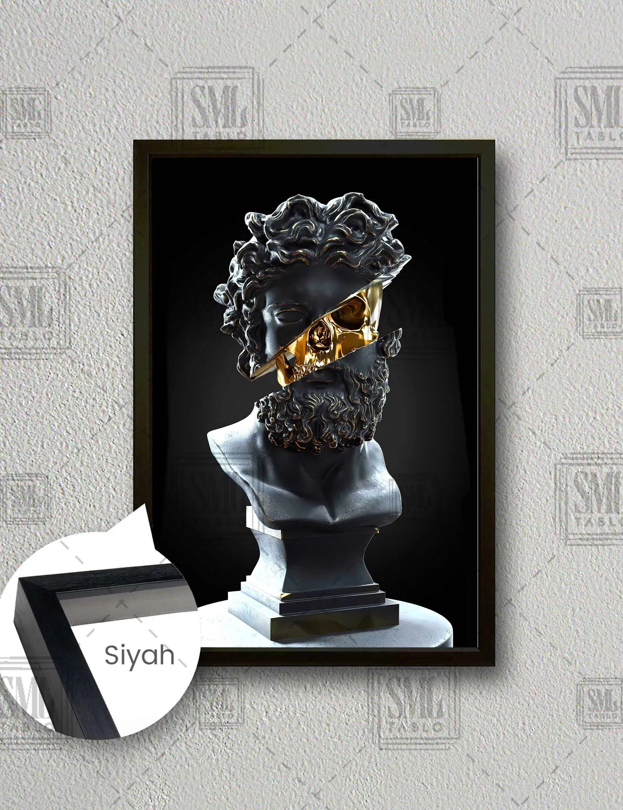 Gold Kafalı Siyah Büst Dikey Çerçeveli Kanvas Tablo - Siyah