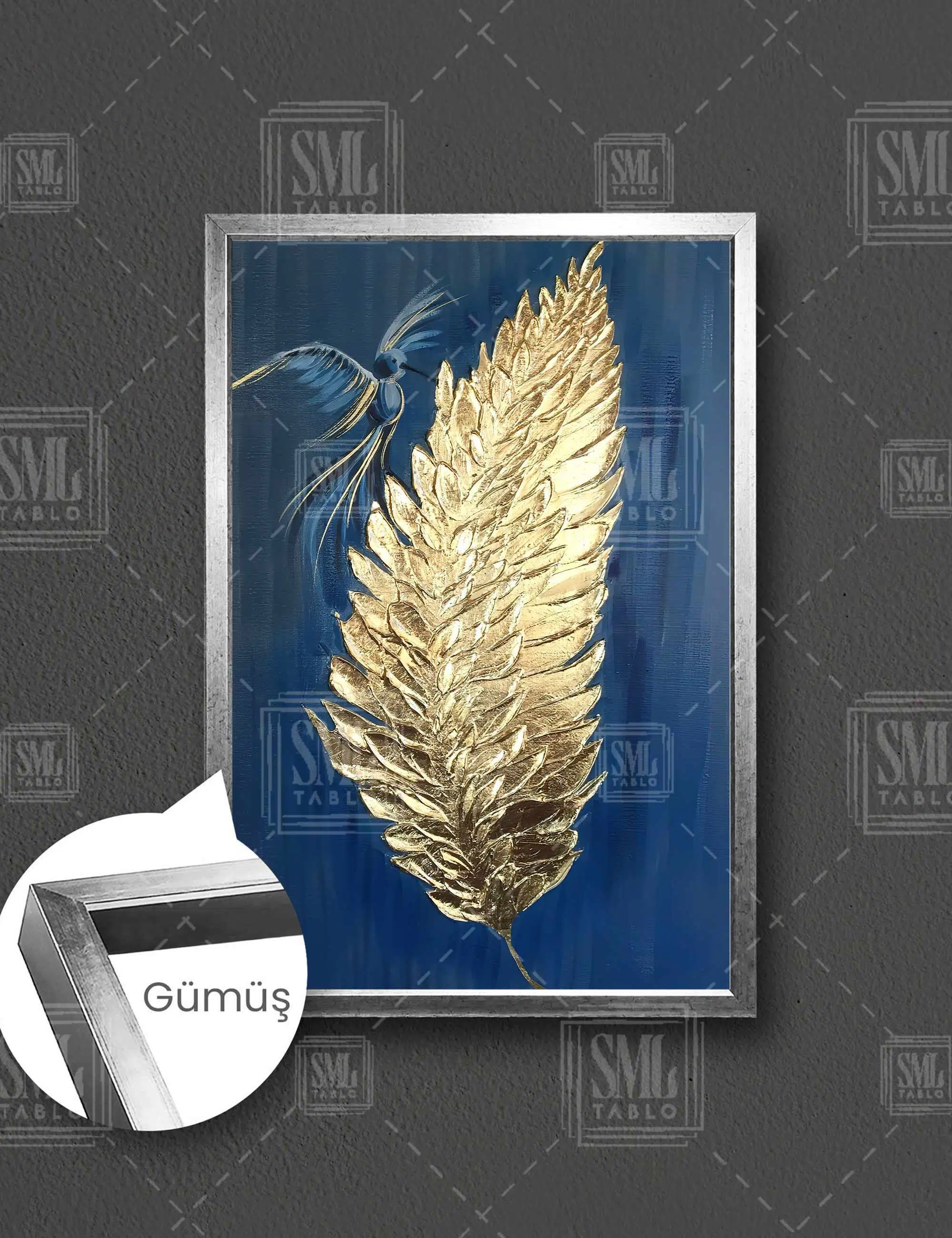 Gold Yaprak Ve Mavi Kuş Dikey Çerçeveli Kanvas Tablo - Gümüş