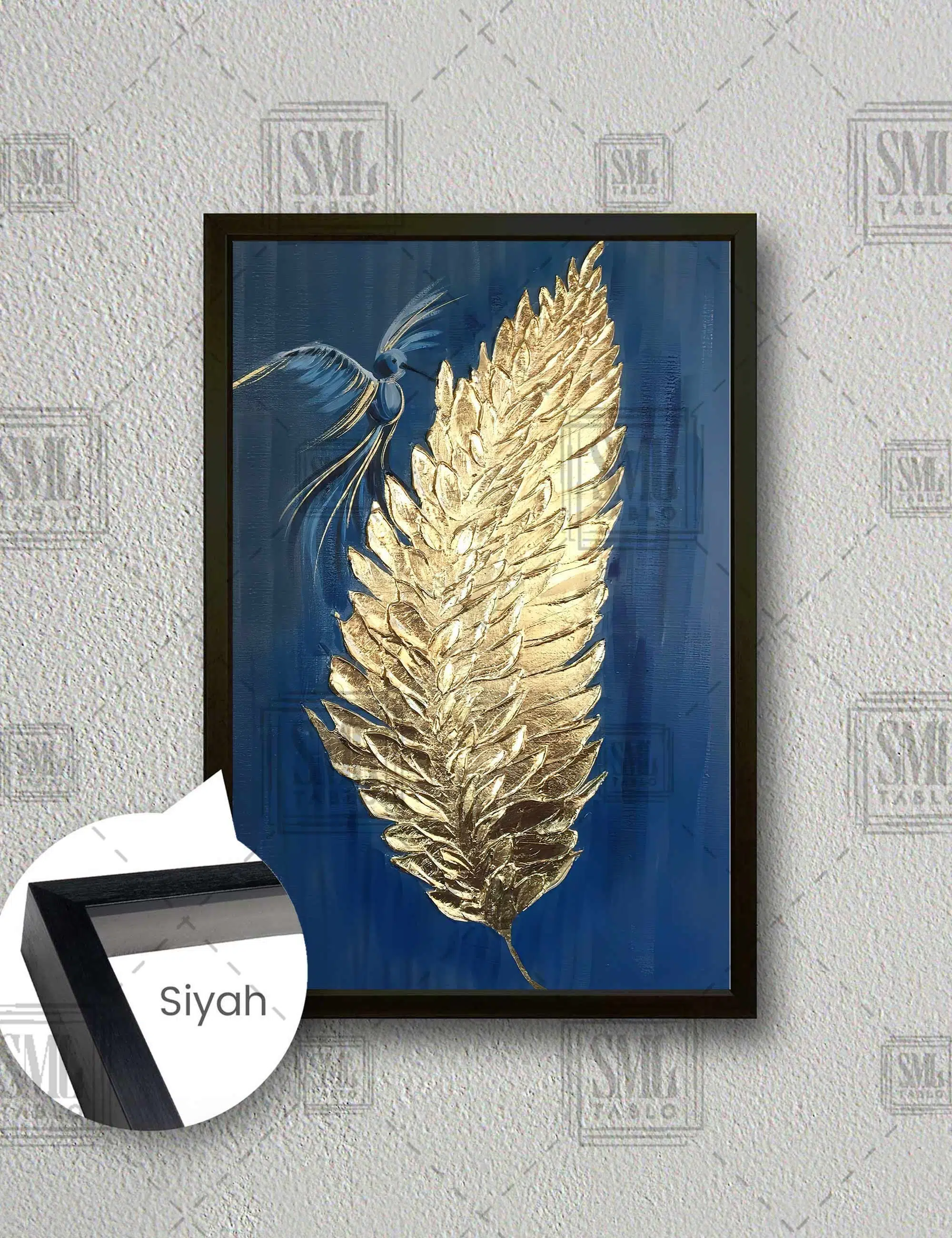 Gold Yaprak Ve Mavi Kuş Dikey Çerçeveli Kanvas Tablo - Siyah