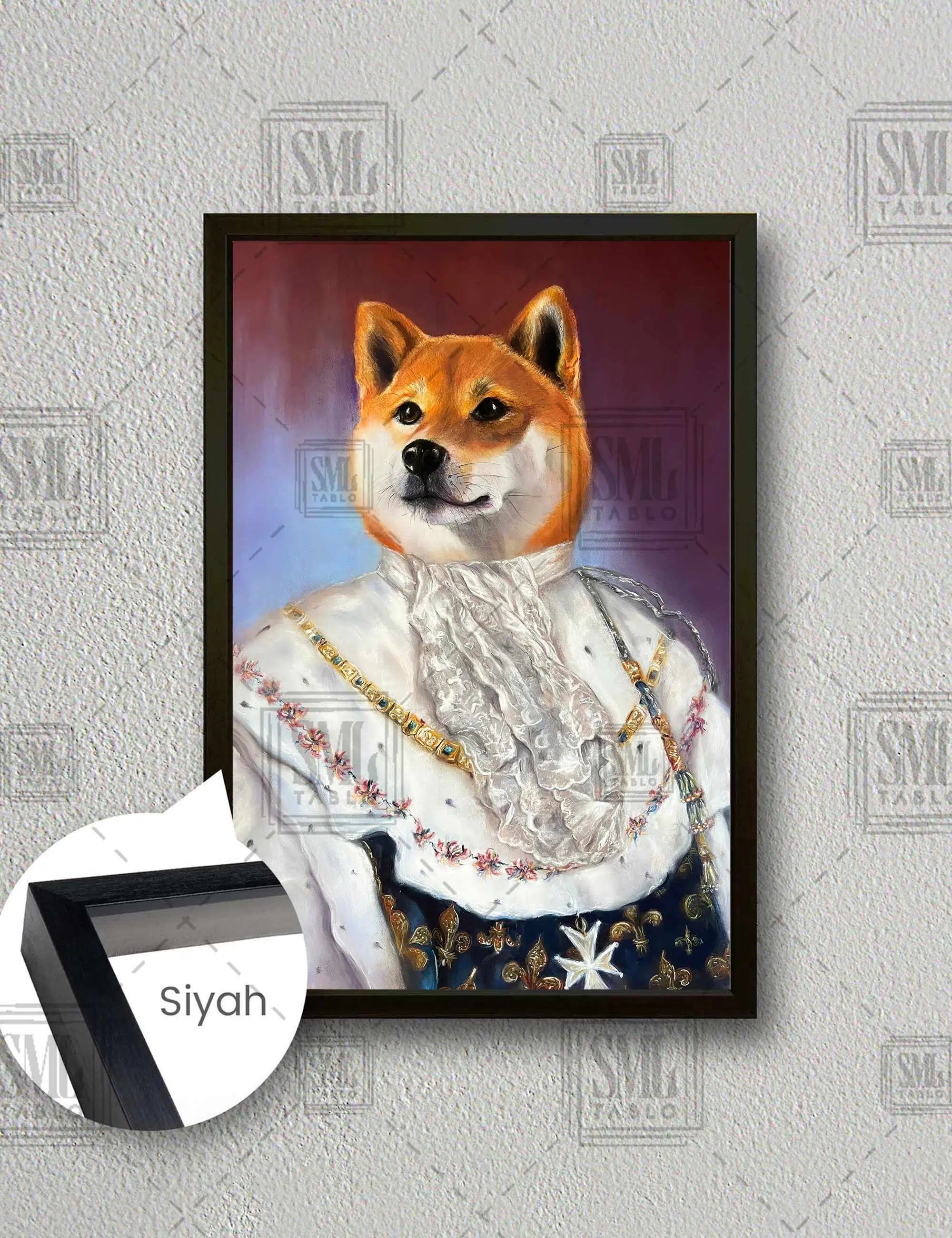Kraliyet Üyesi Corgi Köpek Portresi Dikey Çerçeveli Kanvas Tablo - Siyah