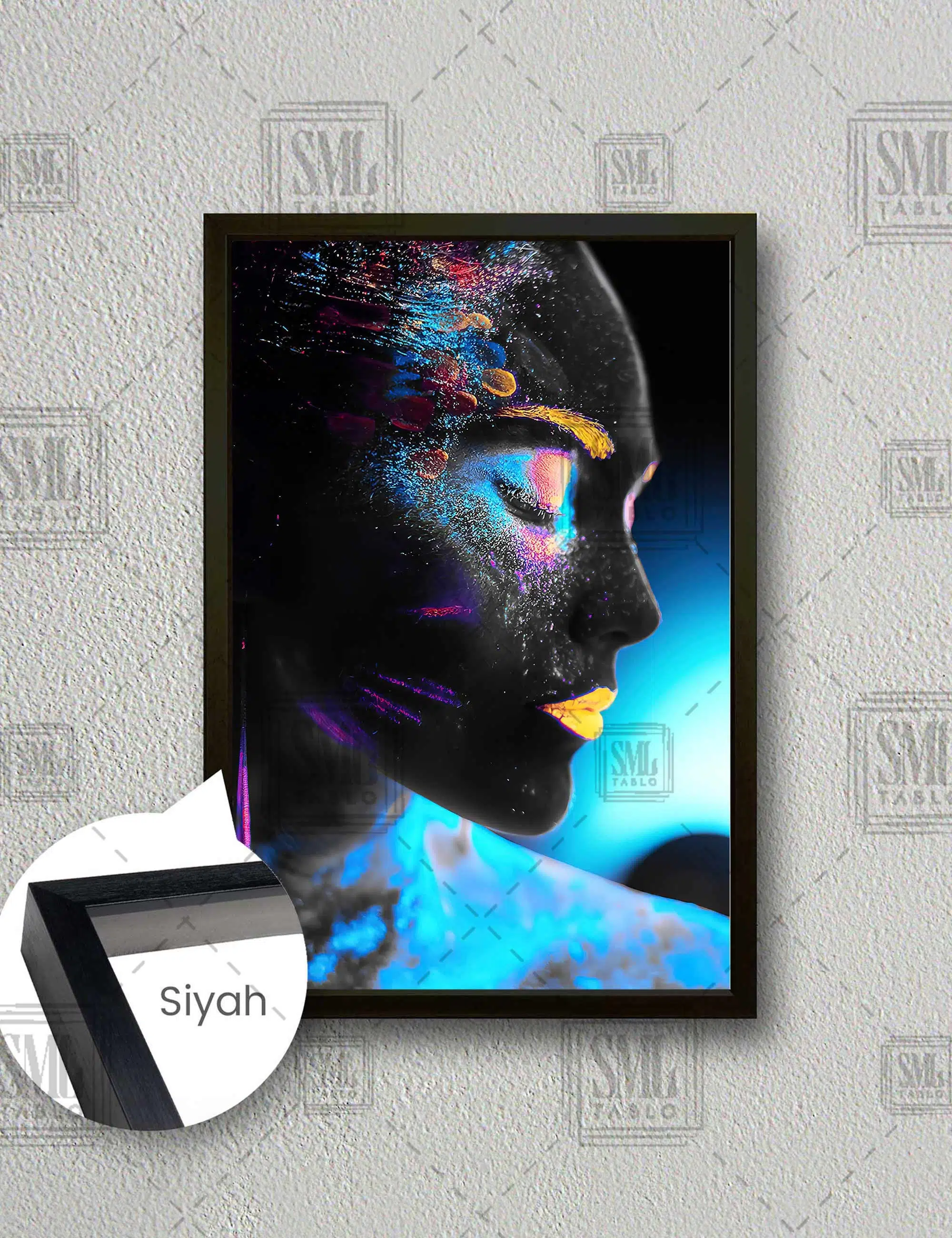 Renkli Neon Makyajlı Kadın Makyaj Modeli Make Up Kuaför Dekor Dikey Çerçeveli Kanvas Tablo - Siyah