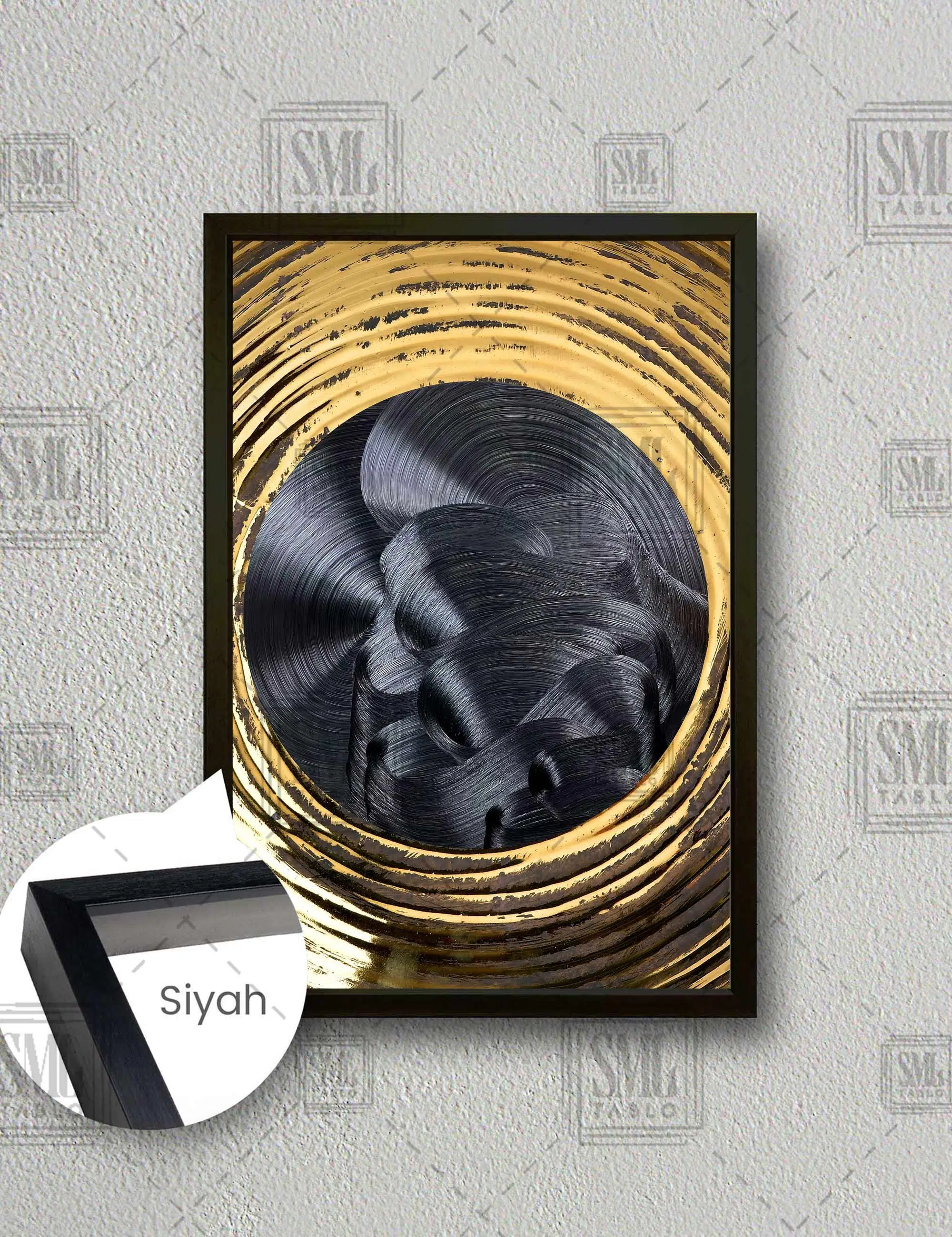 Siyah Dalgalı Fırça İzi Gold Detaylı Dikey Çerçeveli Kanvas Tablo - Siyah