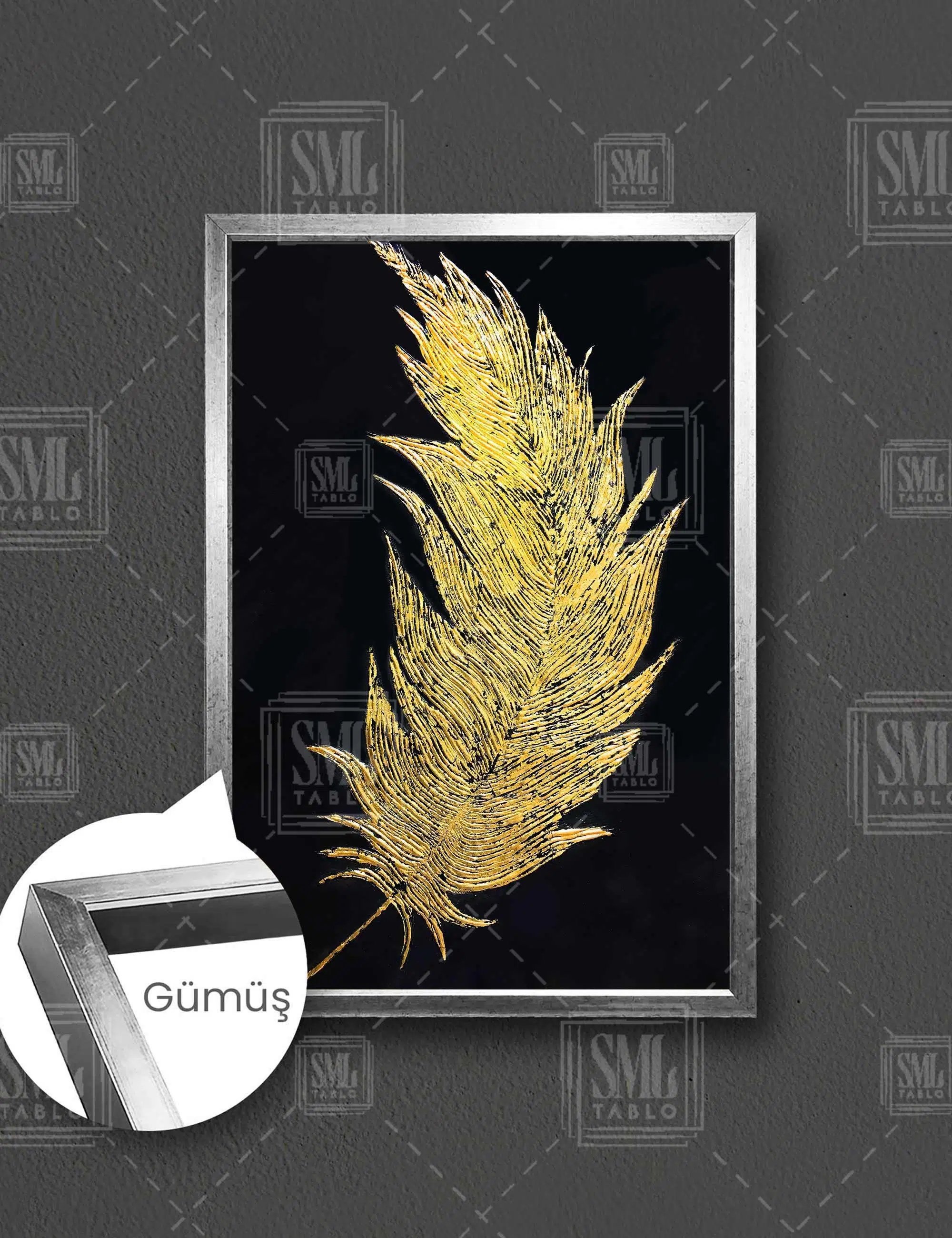 Gold Kuş Tüyü Dikey Çerçeveli Kanvas Tablo - Gümüş