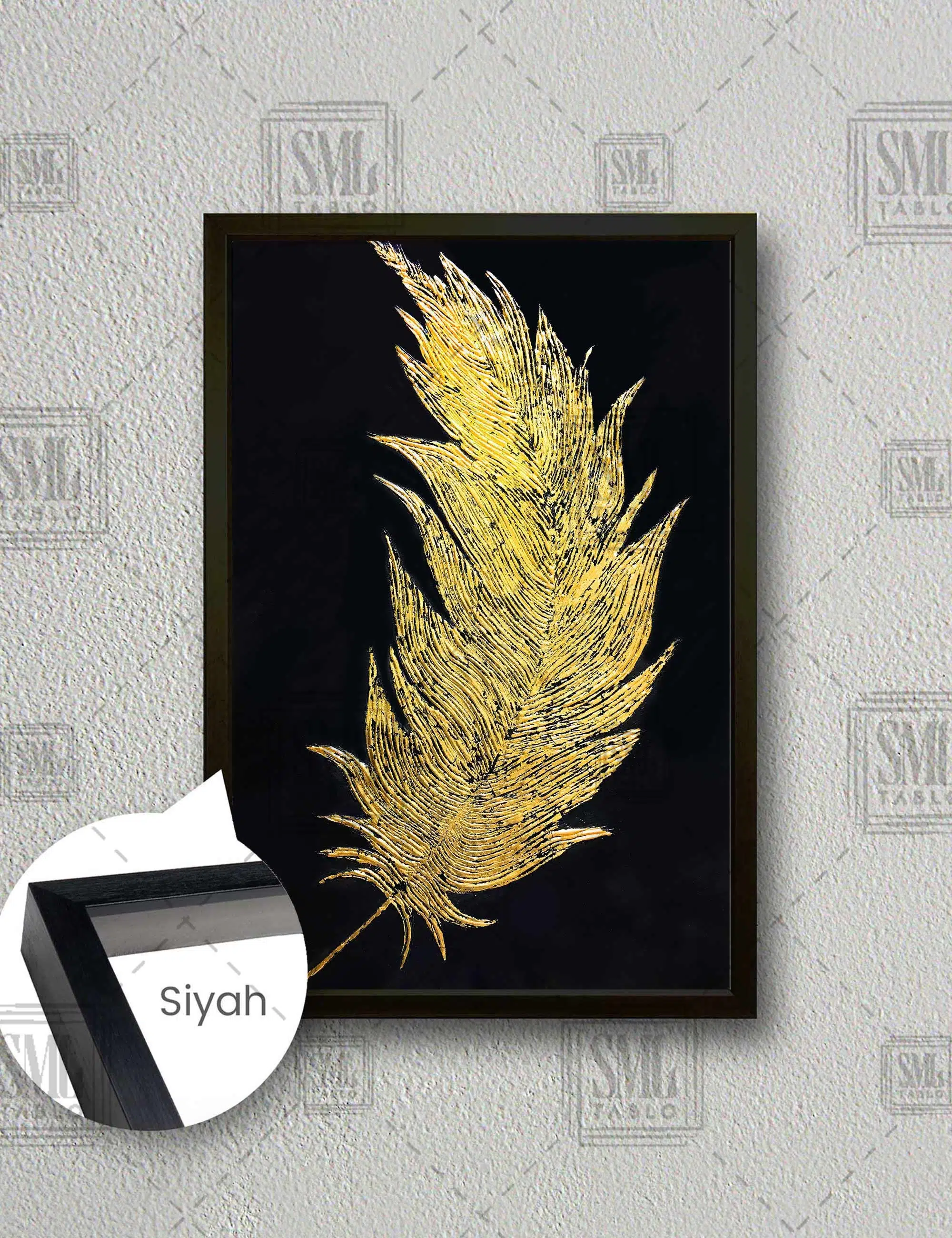 Gold Kuş Tüyü Dikey Çerçeveli Kanvas Tablo - Siyah