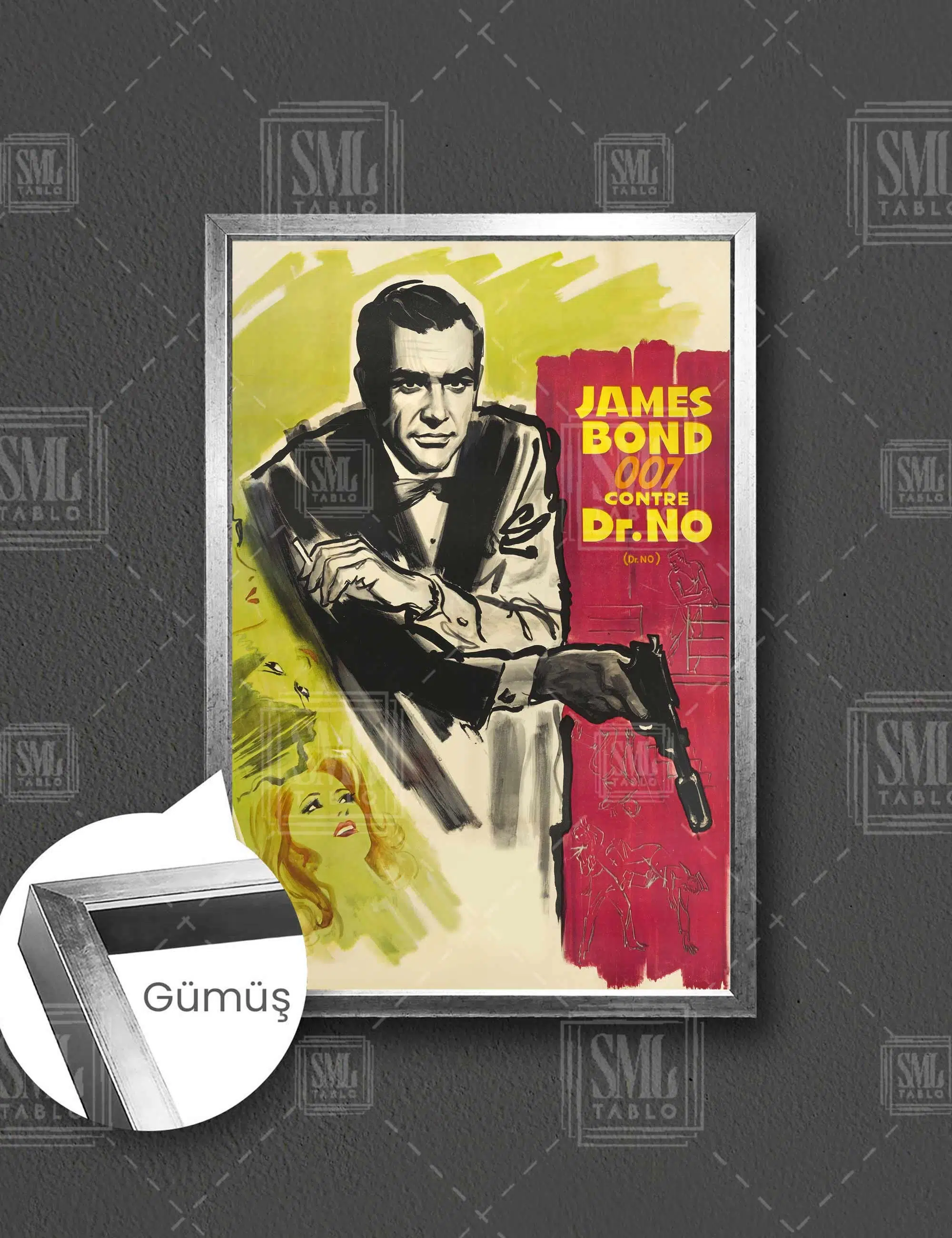 007 James Bond Filmi Nostaljik İlüstrasyon Afiş Ajan Bond Dikey Çerçeveli Kanvas Tablo - Gümüş
