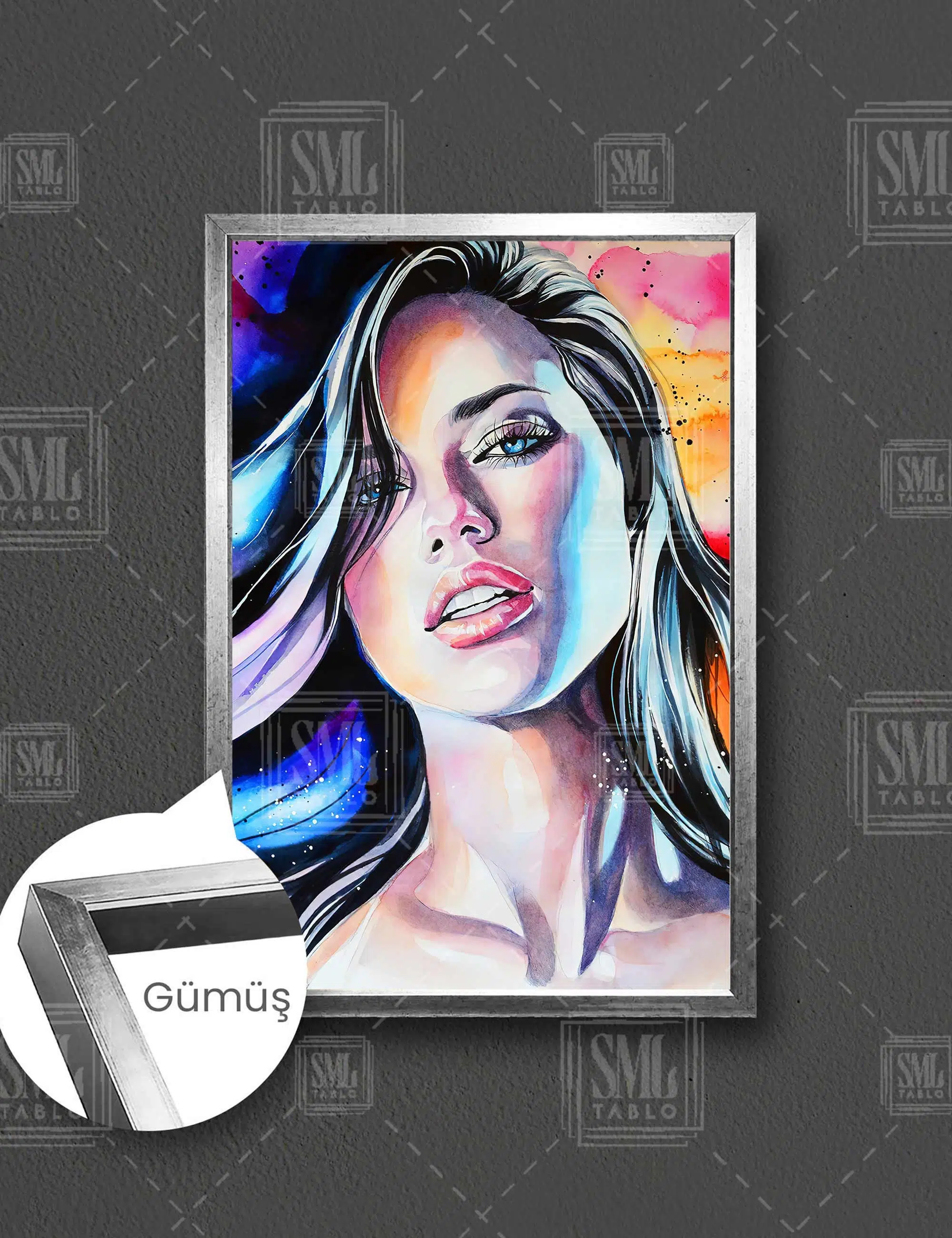 Adriana Lima Sulu Boya Portre Dijital Sanat Dikey Çerçeveli Kanvas Tablo - Gümüş