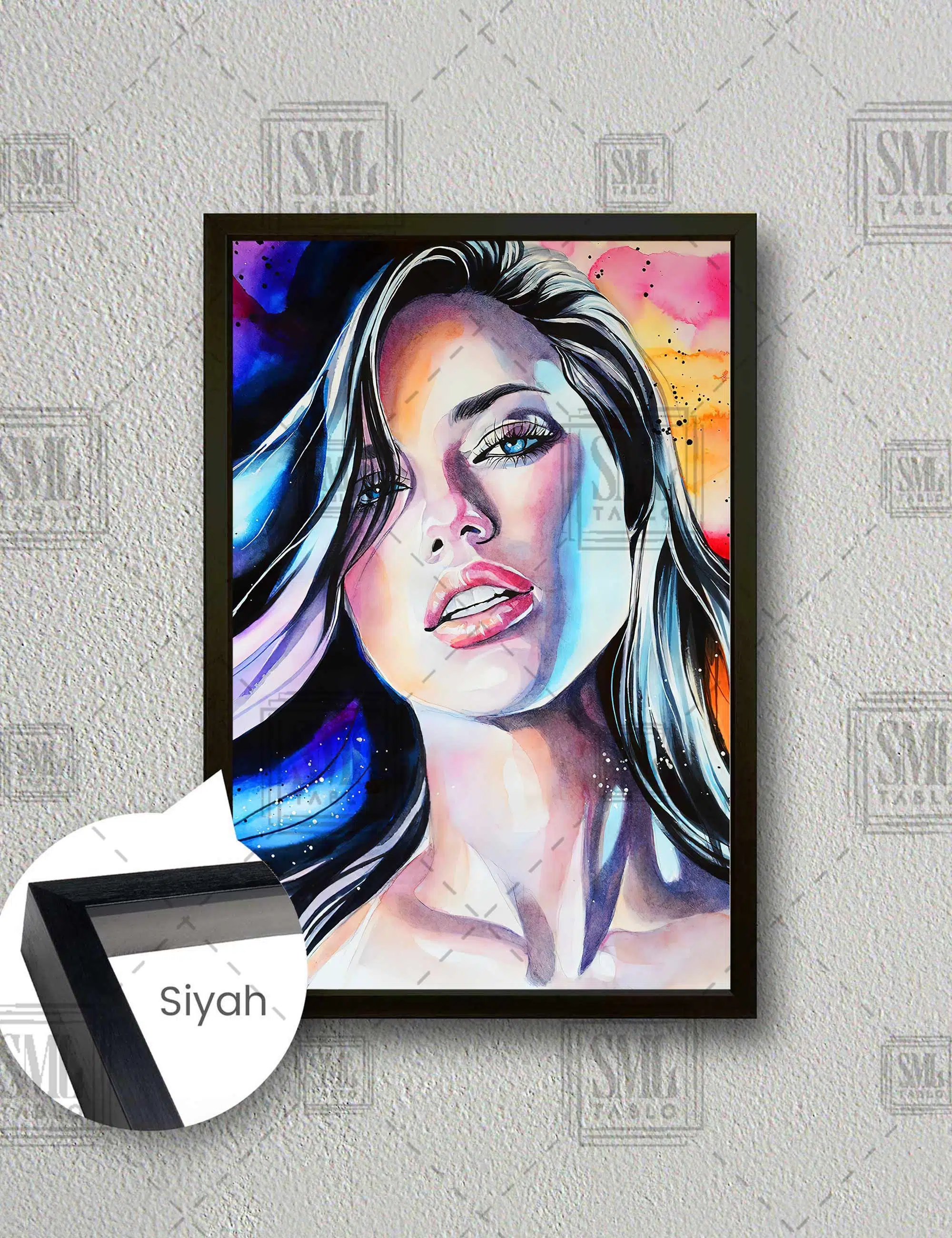 Adriana Lima Sulu Boya Portre Dijital Sanat Dikey Çerçeveli Kanvas Tablo - Siyah