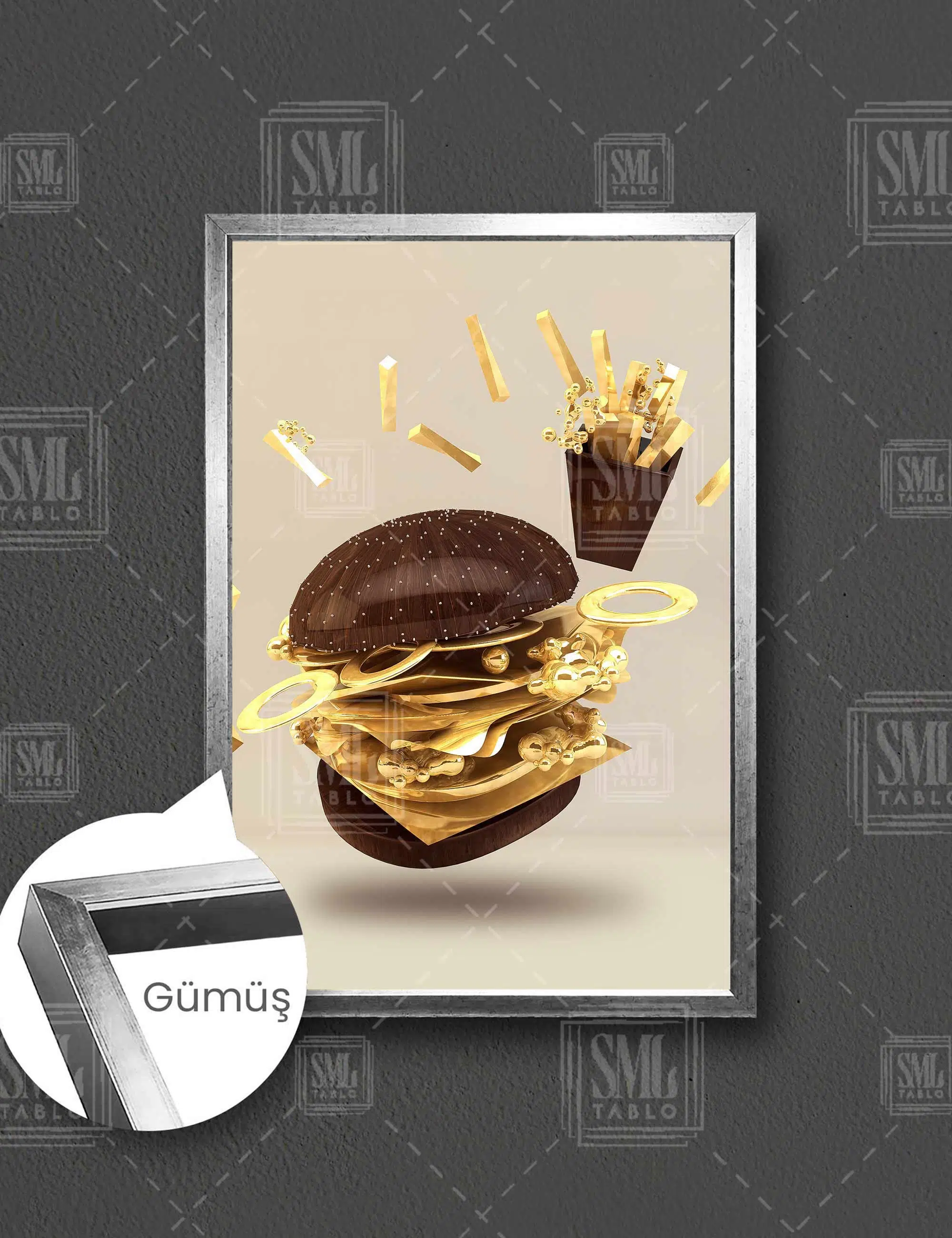 Ahşap Ekmek Gold Rengi İç Malzemeli Hamburger Fast Food Dikey Çerçeveli Kanvas Tablo - Gümüş