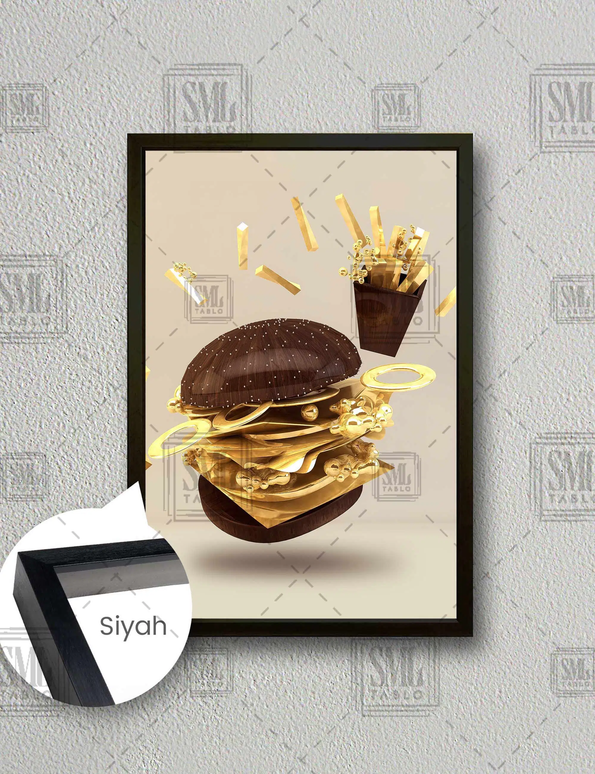 Ahşap Ekmek Gold Rengi İç Malzemeli Hamburger Fast Food Dikey Çerçeveli Kanvas Tablo - Siyah