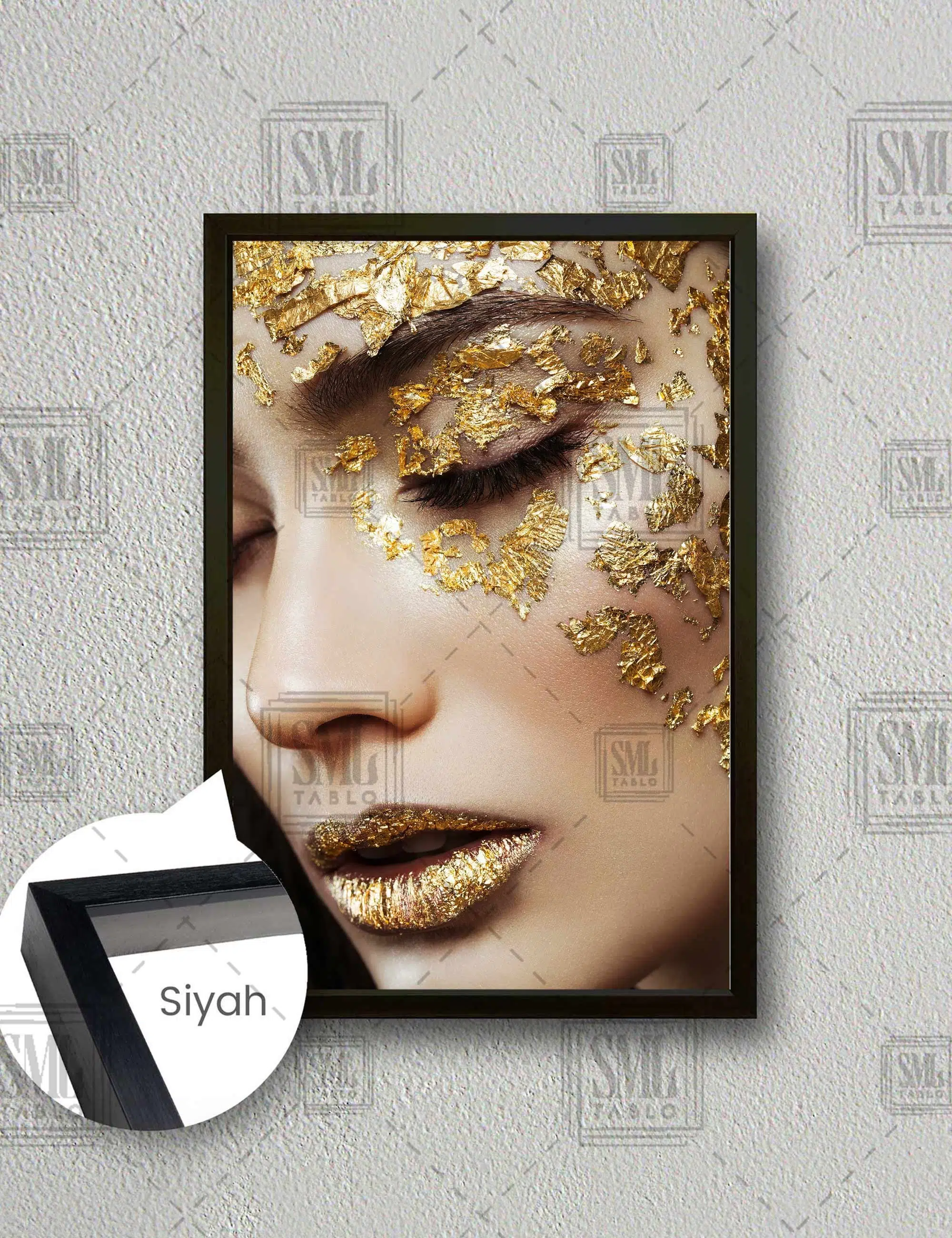 Altın Parçacıklı Makyaj Make Up Gold Dekorasyon Dikey Çerçeveli Kanvas Tablo - Siyah
