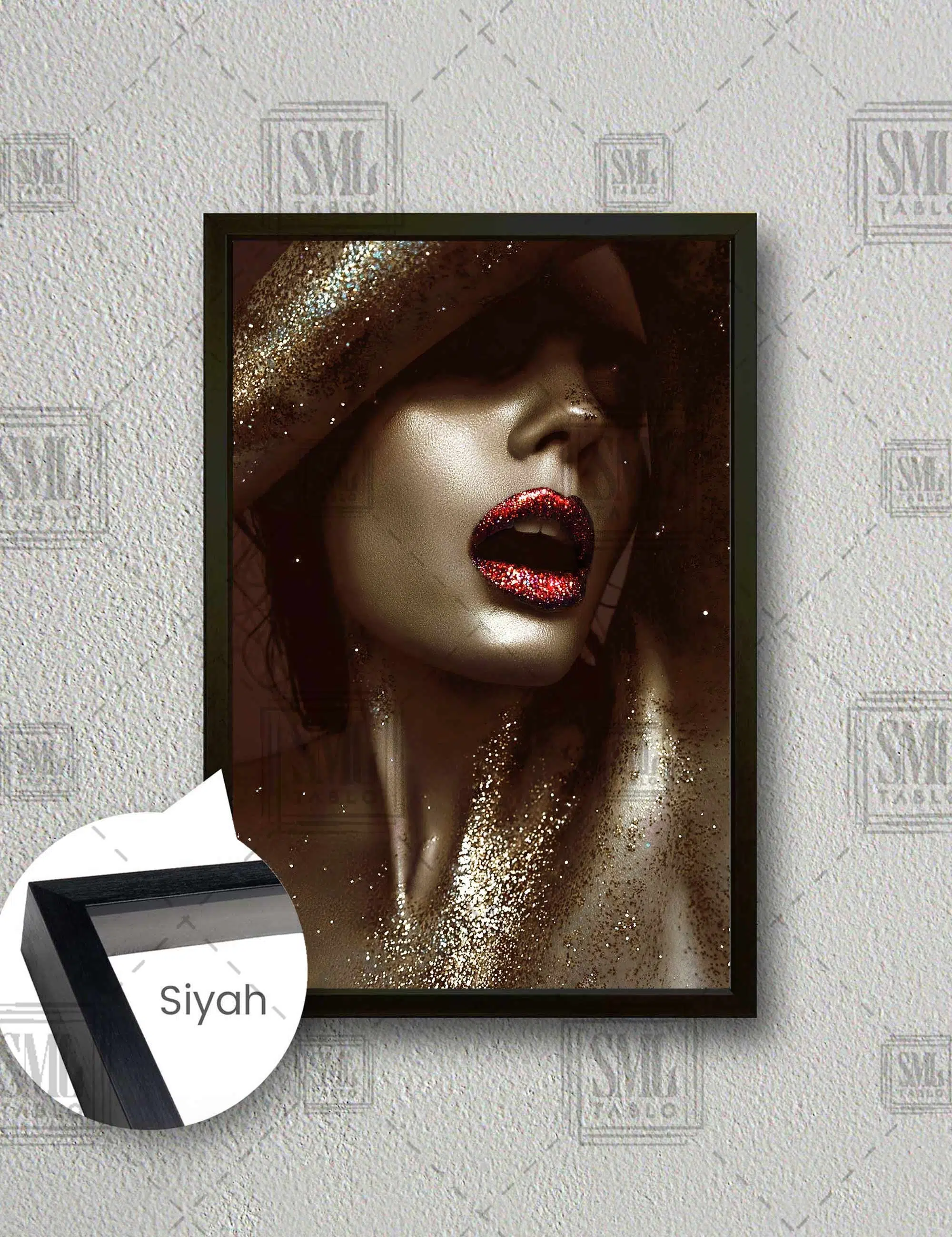 Altın Simli Kırmızı Pırıltılı Rujlu Kadın Make Up Dekoratif Dikey Çerçeveli Kanvas Tablo - Siyah