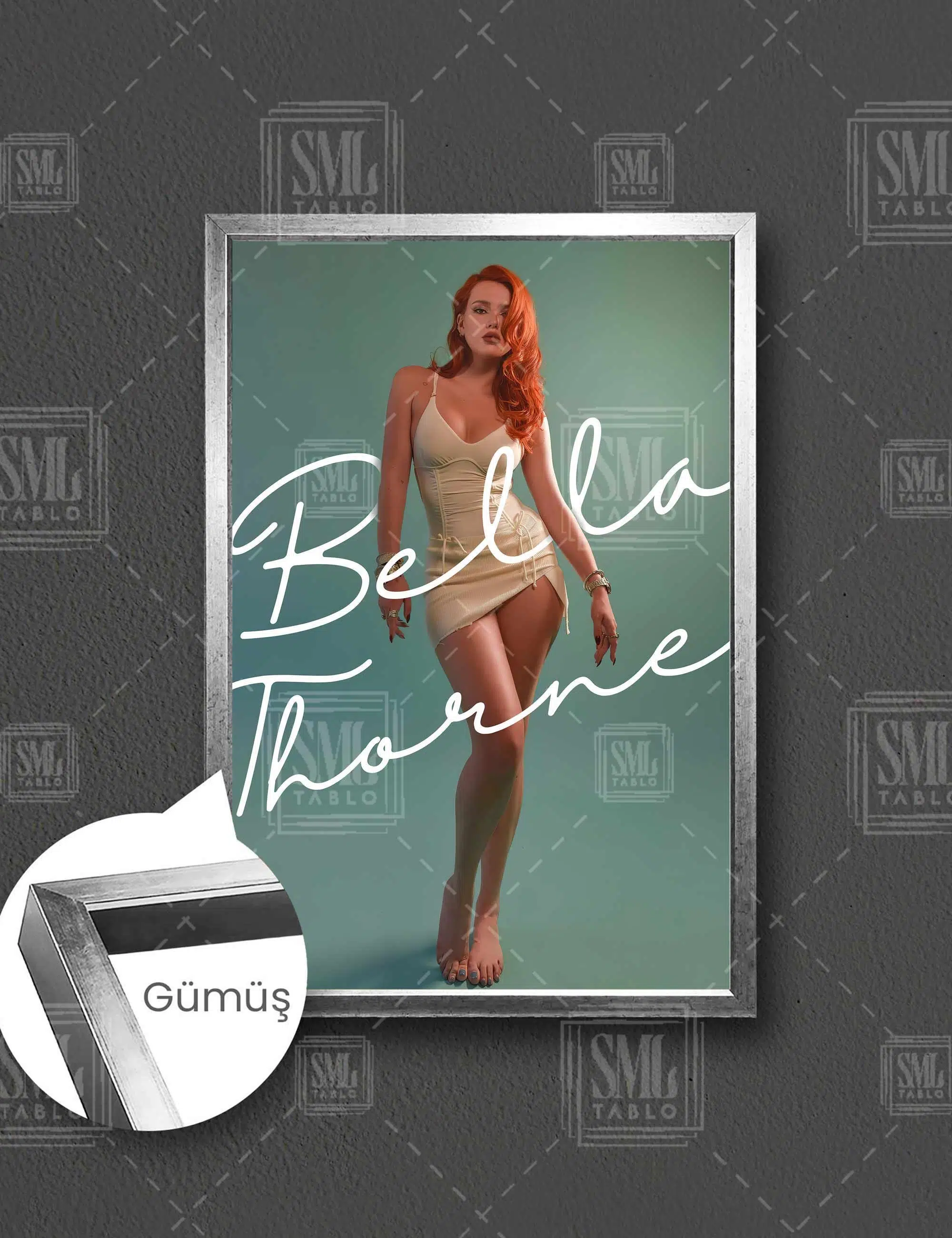 Bella Thorne Kızıl Saçlı Kadın Sexy Beyaz Elbiseli Model Dikey Çerçeveli Kanvas Tablo - Gümüş