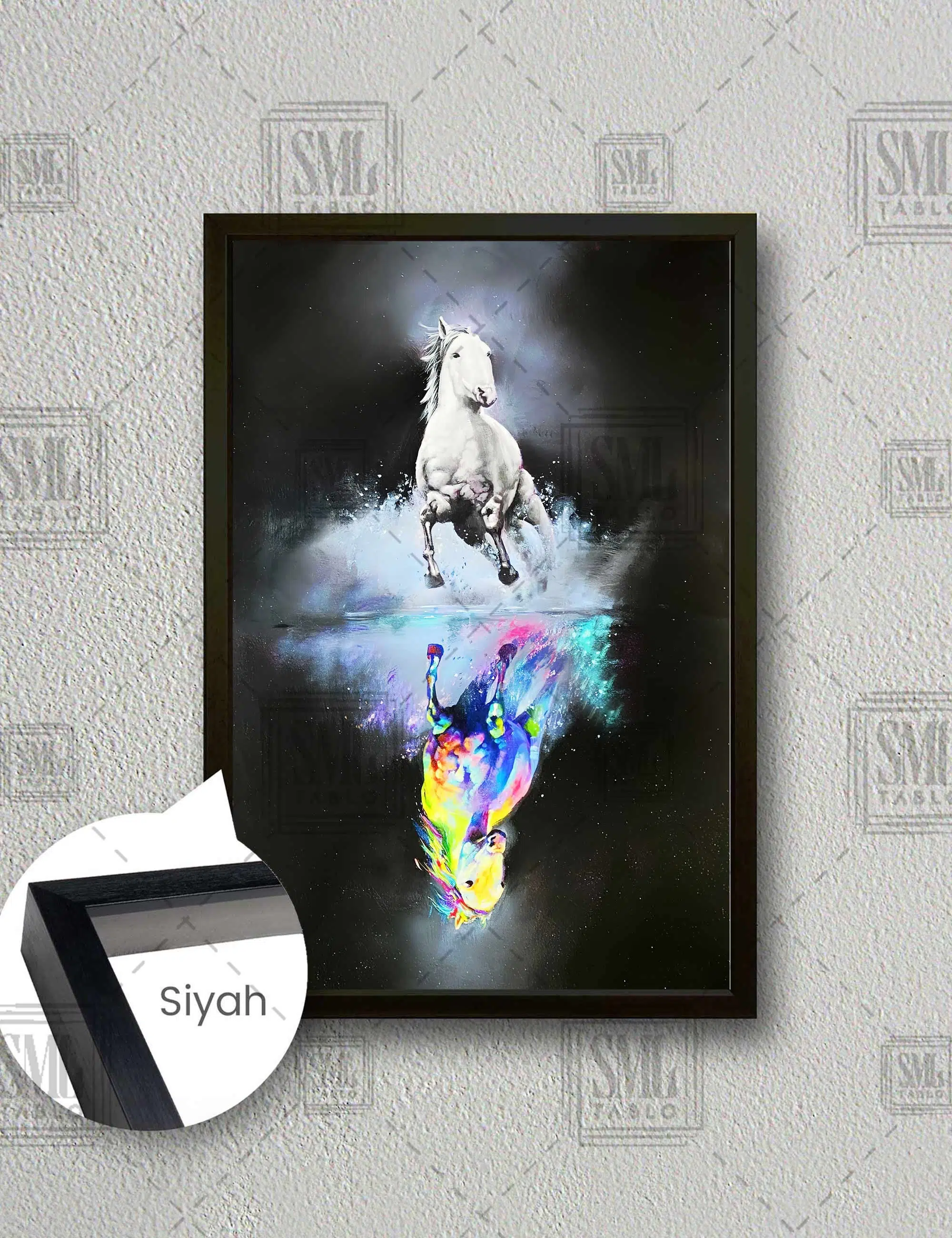 Beyaz At Ve Renkli At Zıt Yönler Neon Renkler Fırça İzleri Dikey Çerçeveli Kanvas Tablo - Siyah