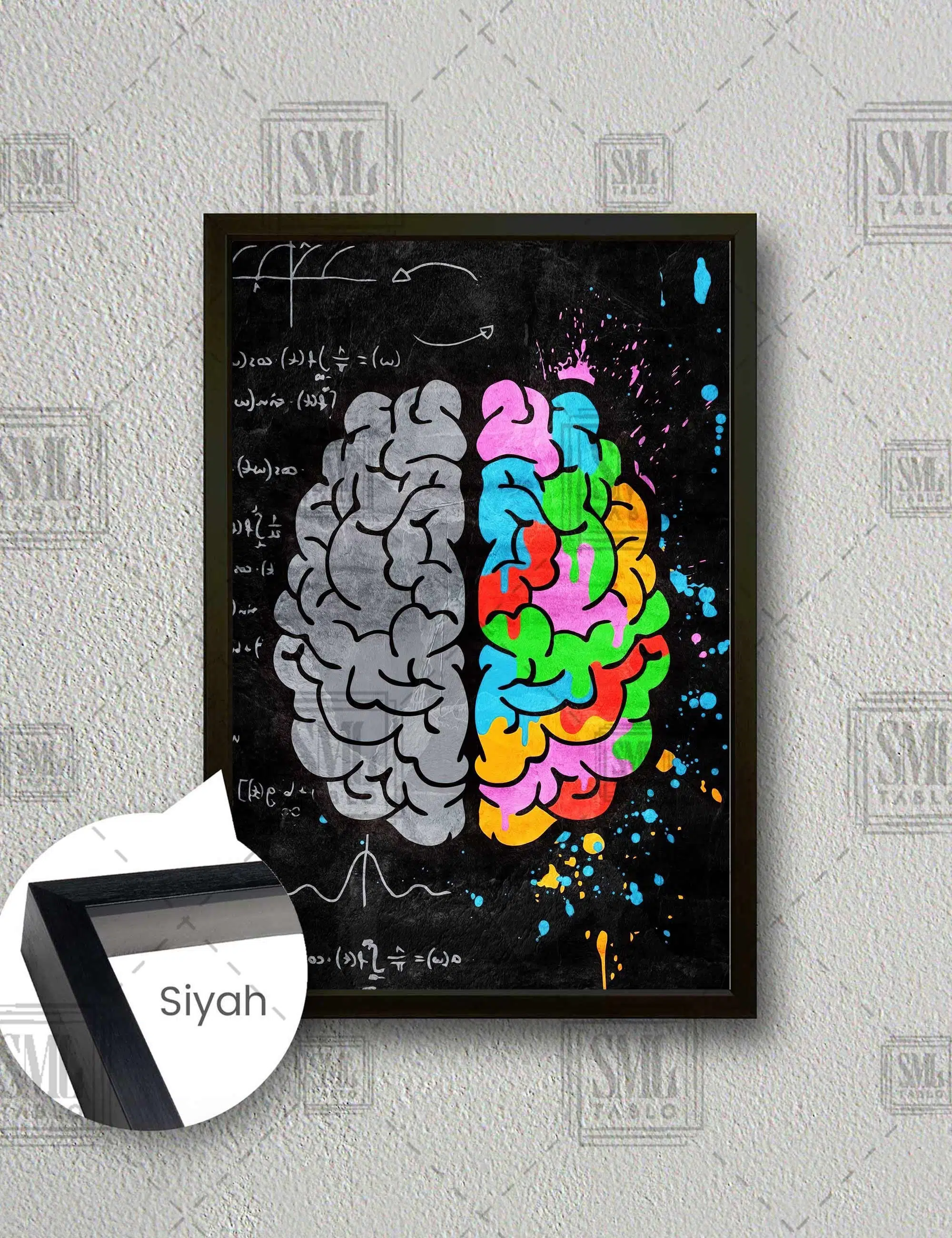 Beynin Sağ Ve Sol Tarafı Duygu Ve Mantık Matematik Ve Hayalgücü Dekorasyon Dikey Çerçeveli Kanvas Tablo - Siyah