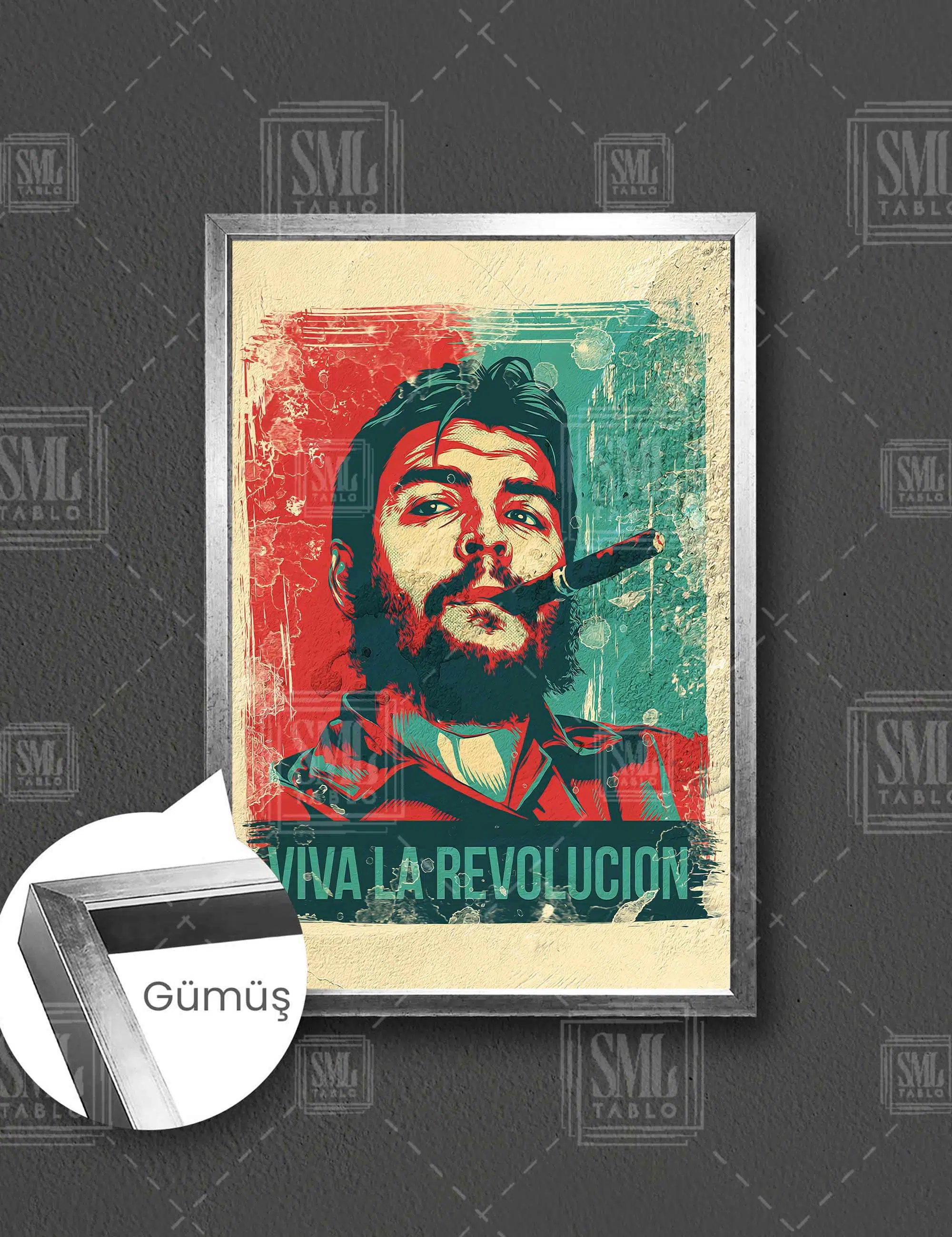 Che Guevara Küba Devrimci Lider Yaşasın Devrim Viva La Revolucion İlüstrasyonu Dikey Çerçeveli Kanvas Tablo - Gümüş